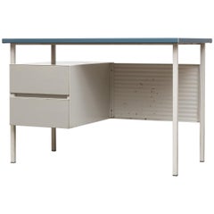 Retro Gispen 3803 Industrial Desk with Blue Vinyl Top