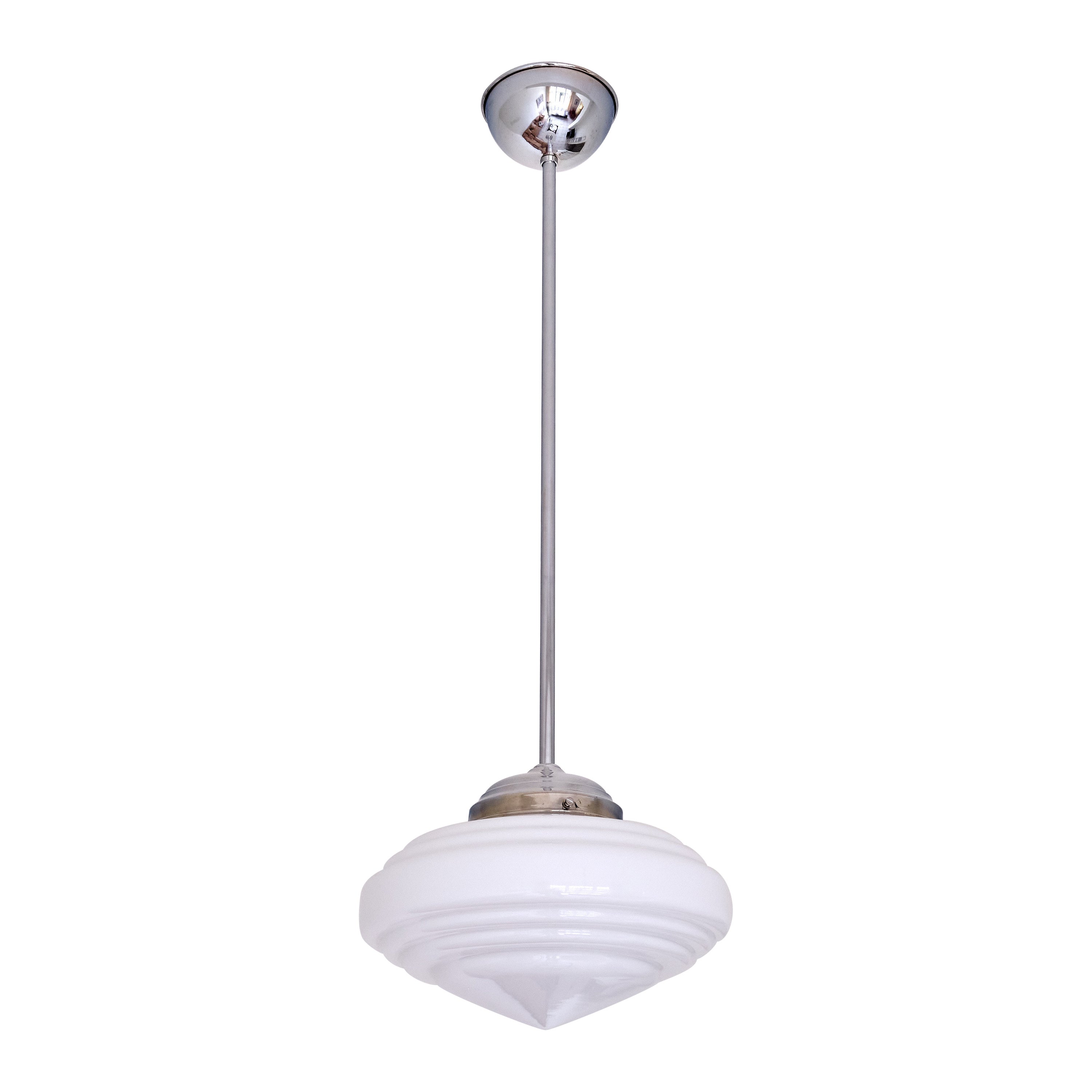 Gispen, lampada a sospensione a gradini in vetro opalino e nichel in stile Art Déco, Paesi Bassi, 1950