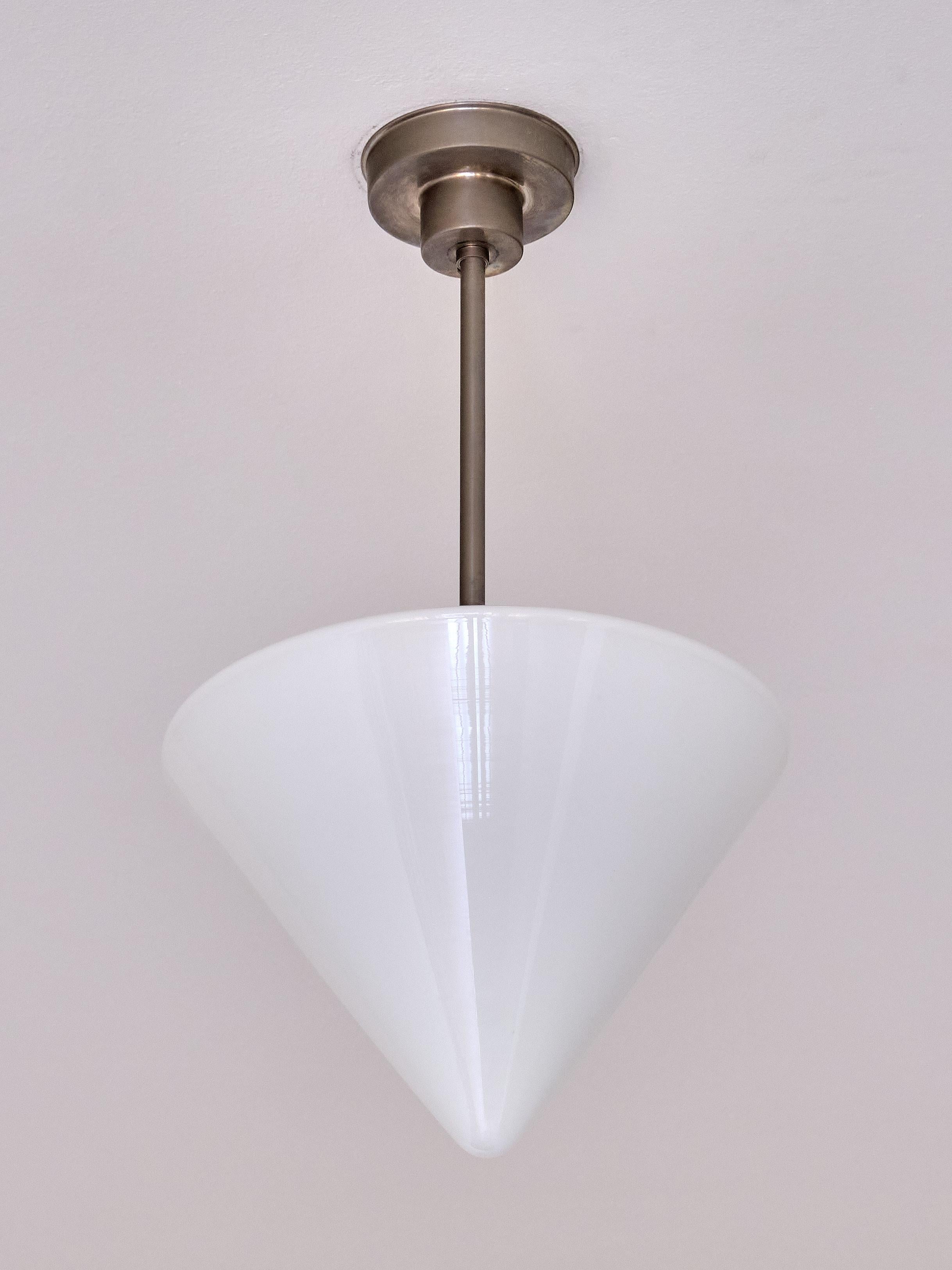 Art Deco Gispen Cone Shaped Pendant Light in Opal Glass and Nickel, Netherlands, 1930s For Sale