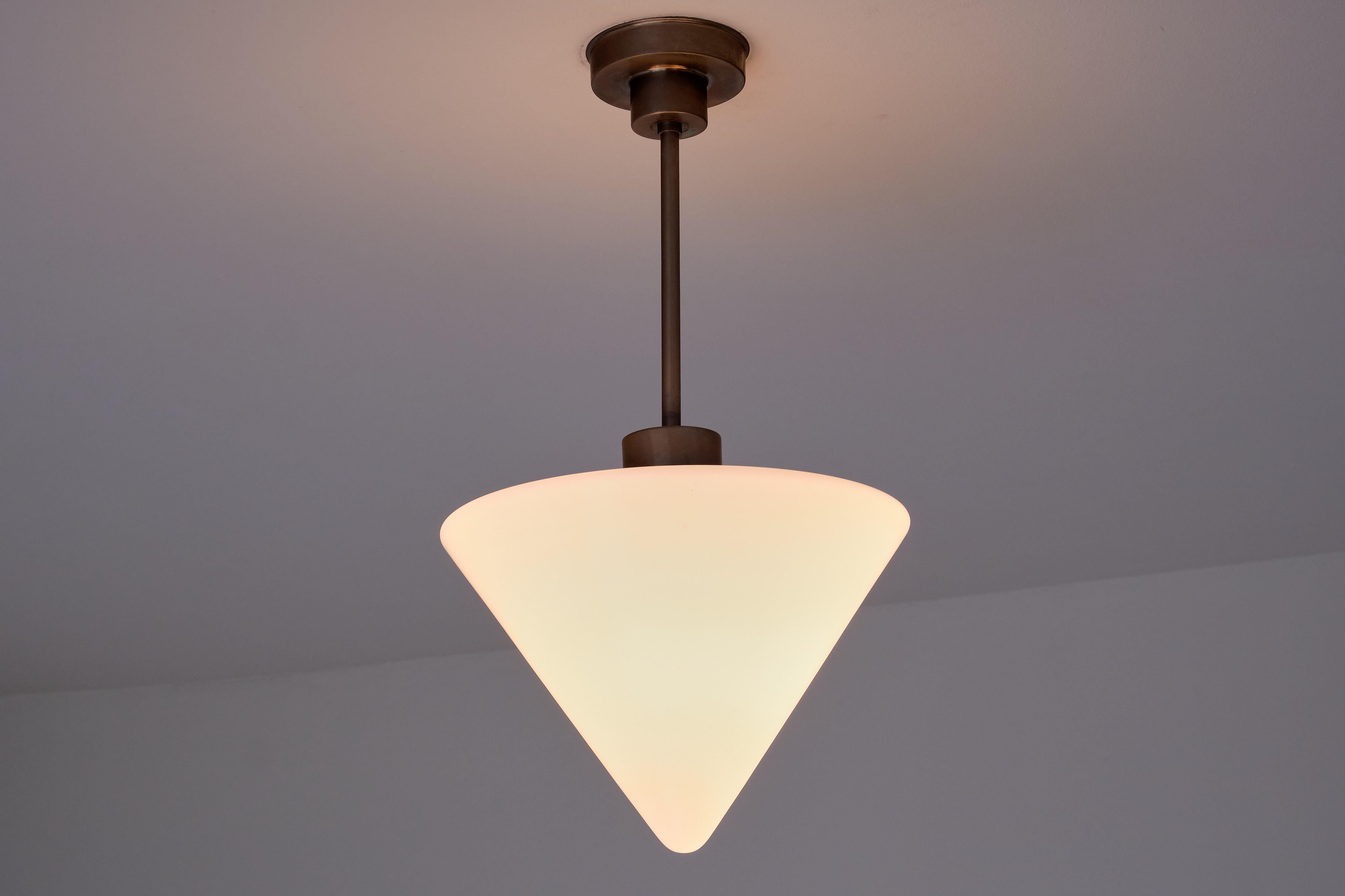 Dutch Gispen Cone Shaped Pendant Light in Opal Glass and Nickel, Netherlands, 1930s For Sale