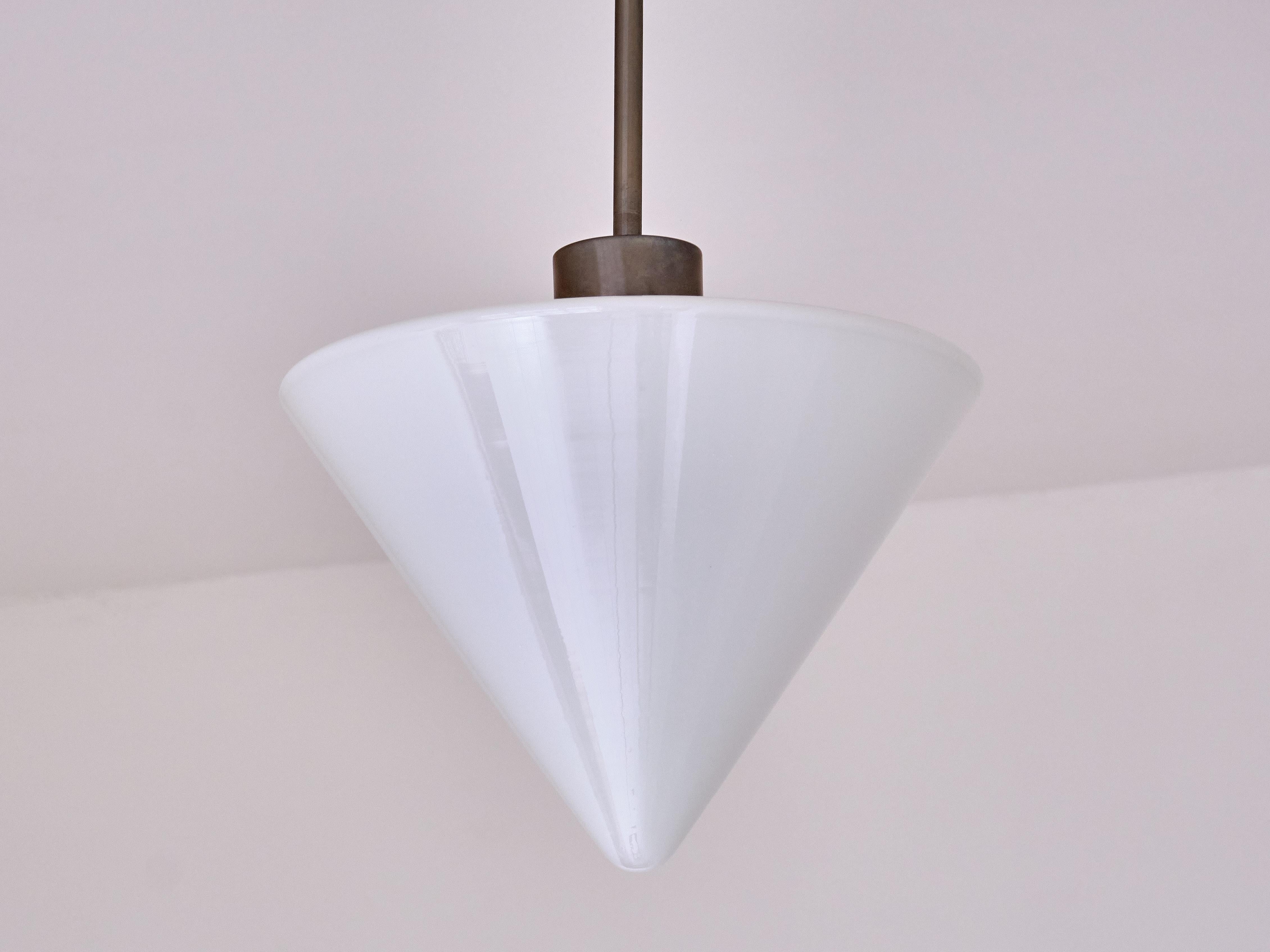 Gispen Cone Shaped Pendant Light in Opal Glass and Nickel, Netherlands, 1930s In Good Condition For Sale In The Hague, NL