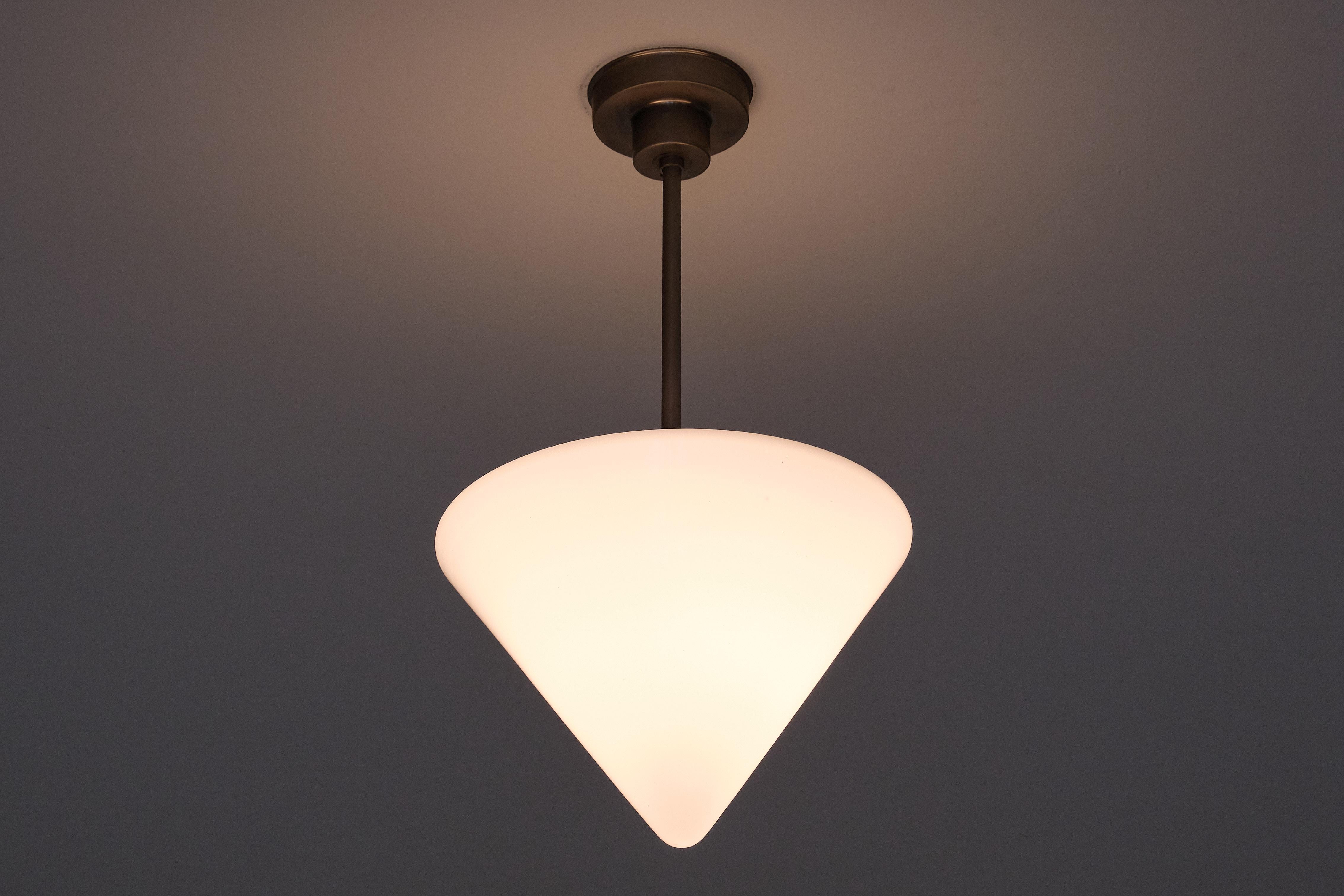 Mid-20th Century Gispen Cone Shaped Pendant Light in Opal Glass and Nickel, Netherlands, 1930s For Sale