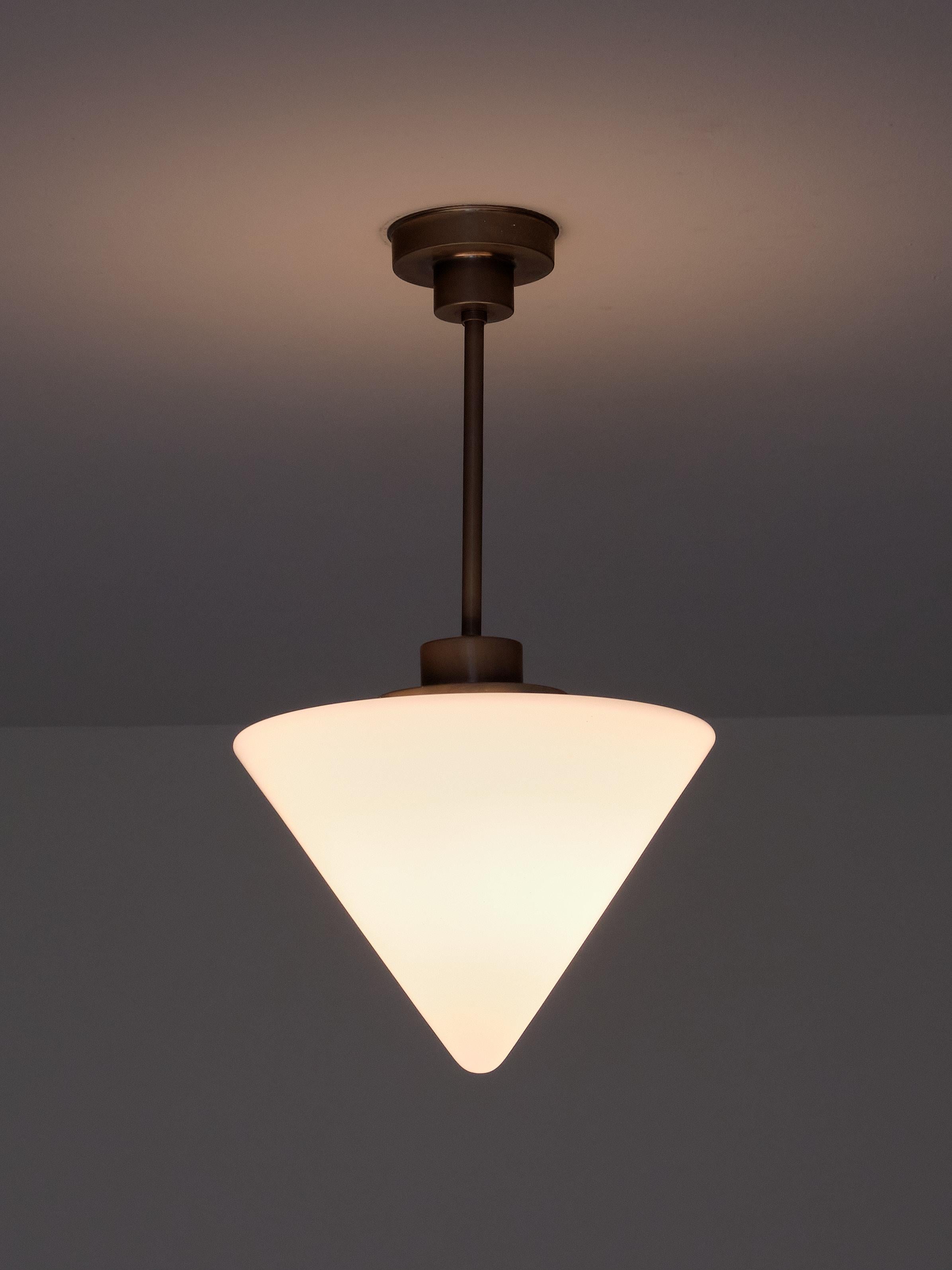 Opaline Glass Gispen Cone Shaped Pendant Light in Opal Glass and Nickel, Netherlands, 1930s For Sale