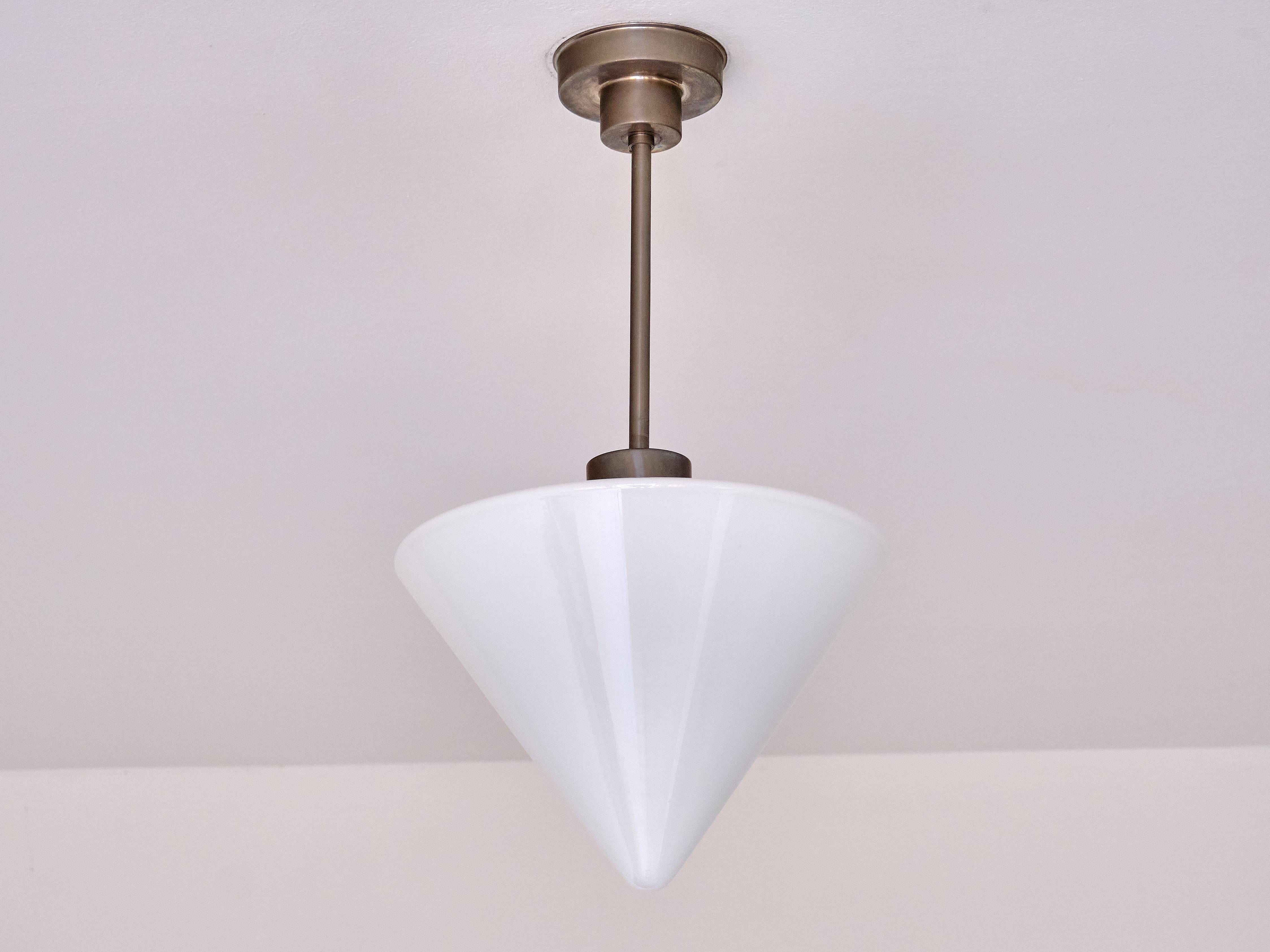 Gispen Cone Shaped Pendant Light in Opal Glass and Nickel, Netherlands, 1930s For Sale 2