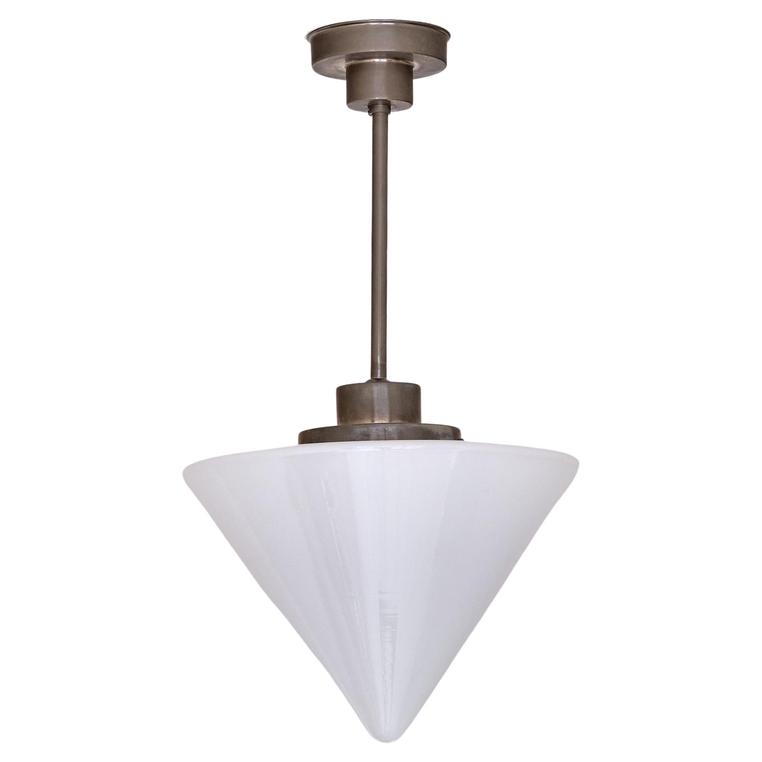 Gispen Cone Shaped Pendant Light in Opal Glass and Nickel, Netherlands, 1930s