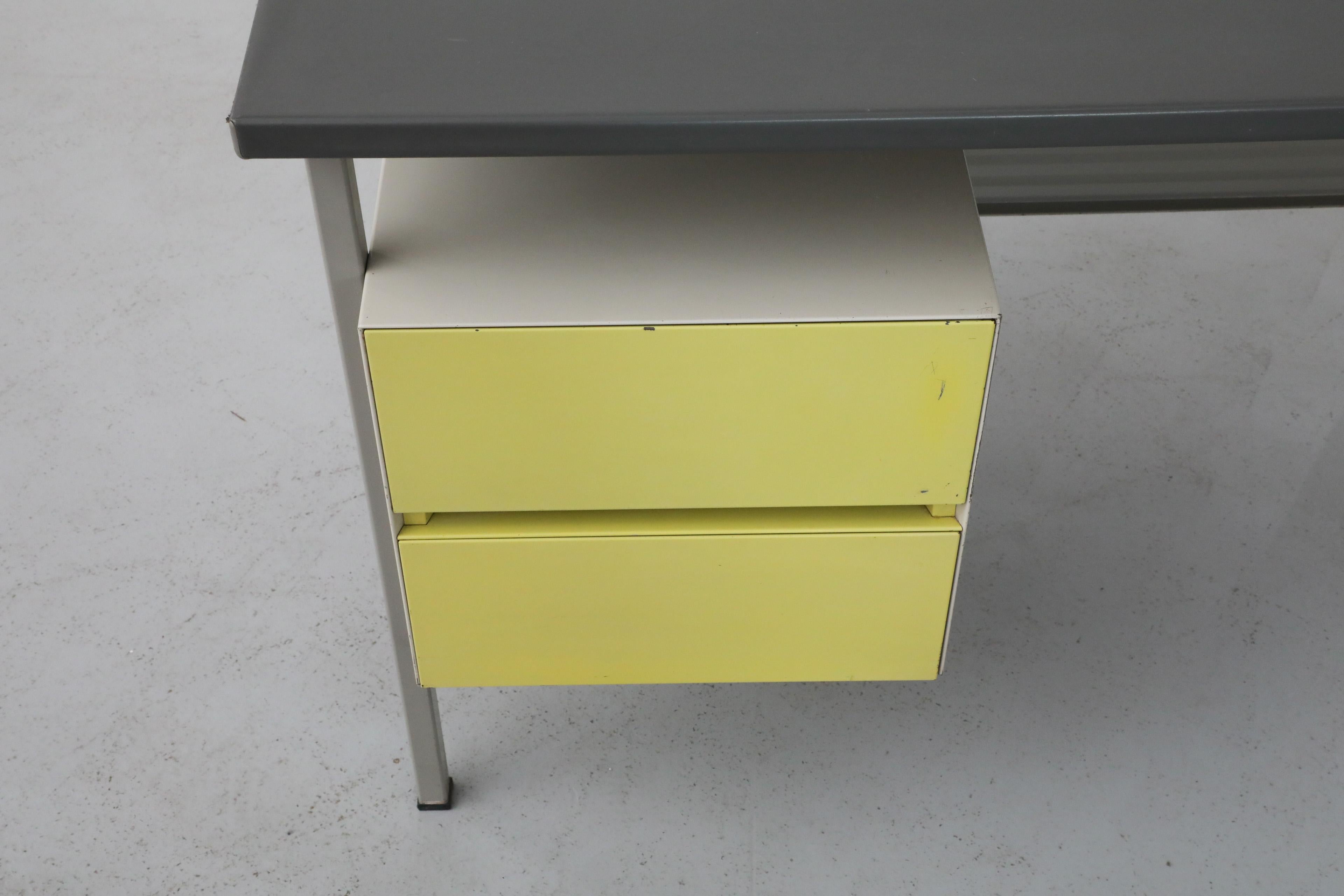 Gispen Desk with Gray Enameled Metal Frame, Chartreuse Drawers, & Privacy Screen For Sale 9