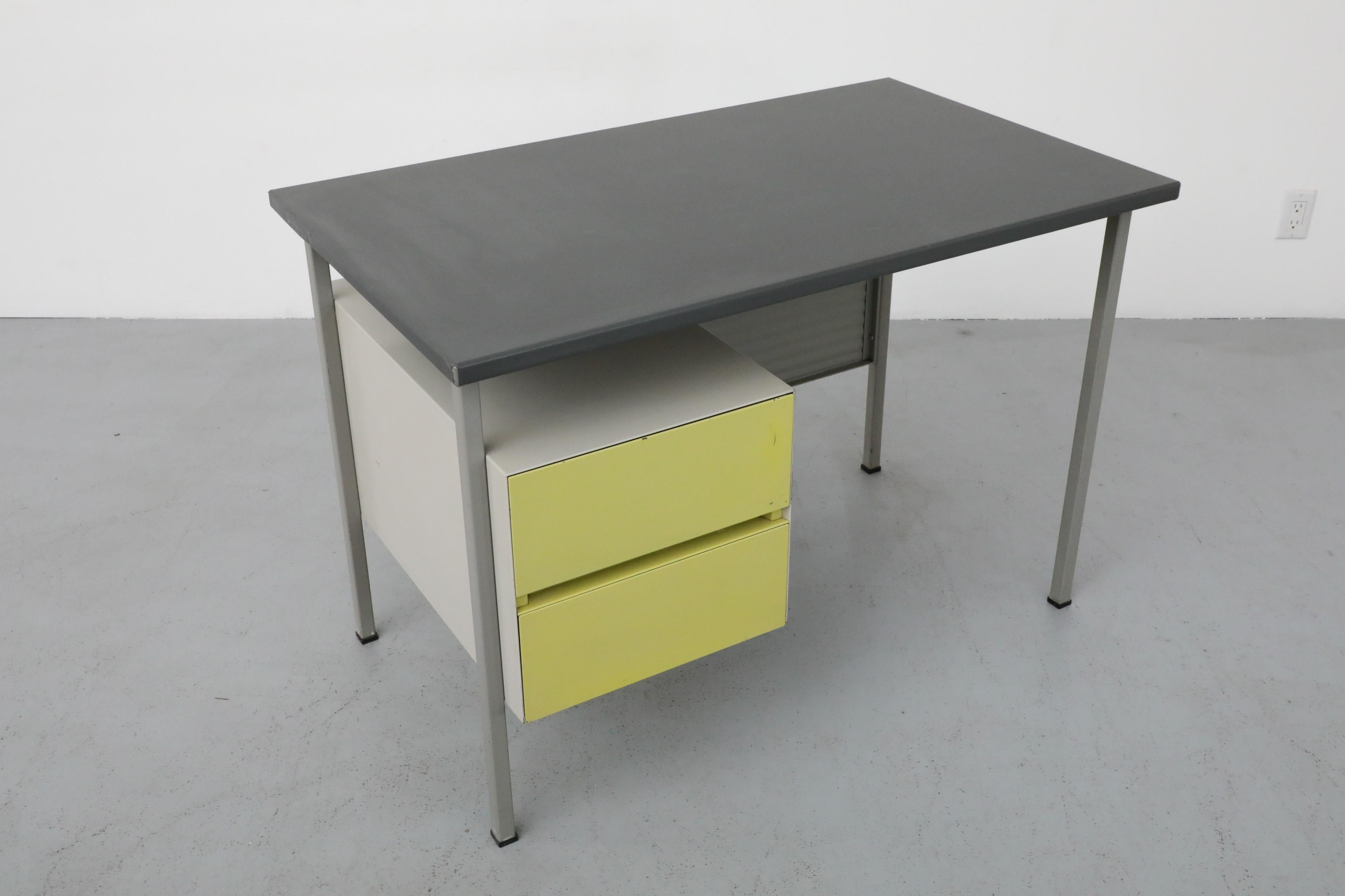 Gispen Desk with Gray Enameled Metal Frame, Chartreuse Drawers, & Privacy Screen For Sale 13