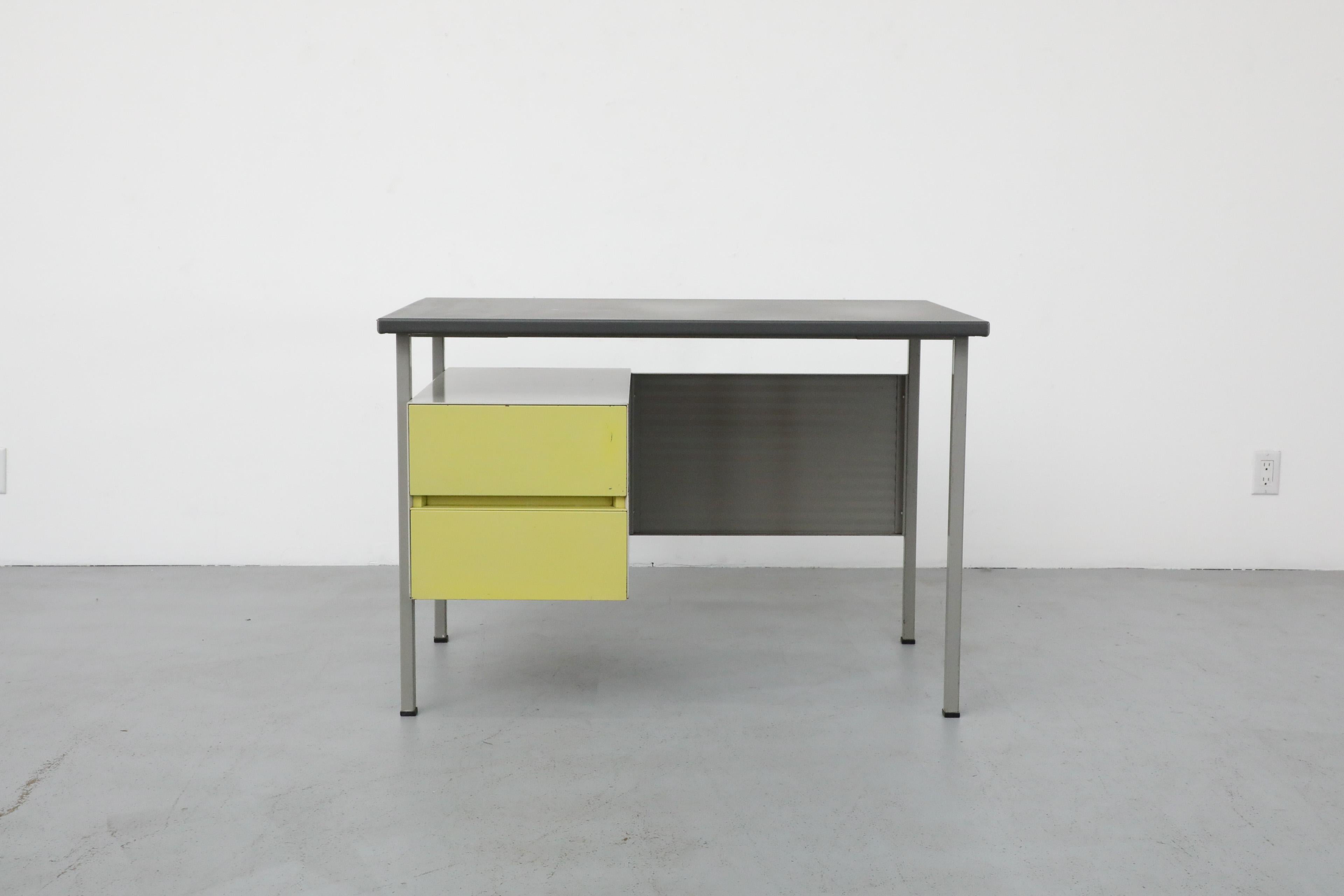 Mid-Century Modern Gispen Desk with Gray Enameled Metal Frame, Chartreuse Drawers, & Privacy Screen For Sale