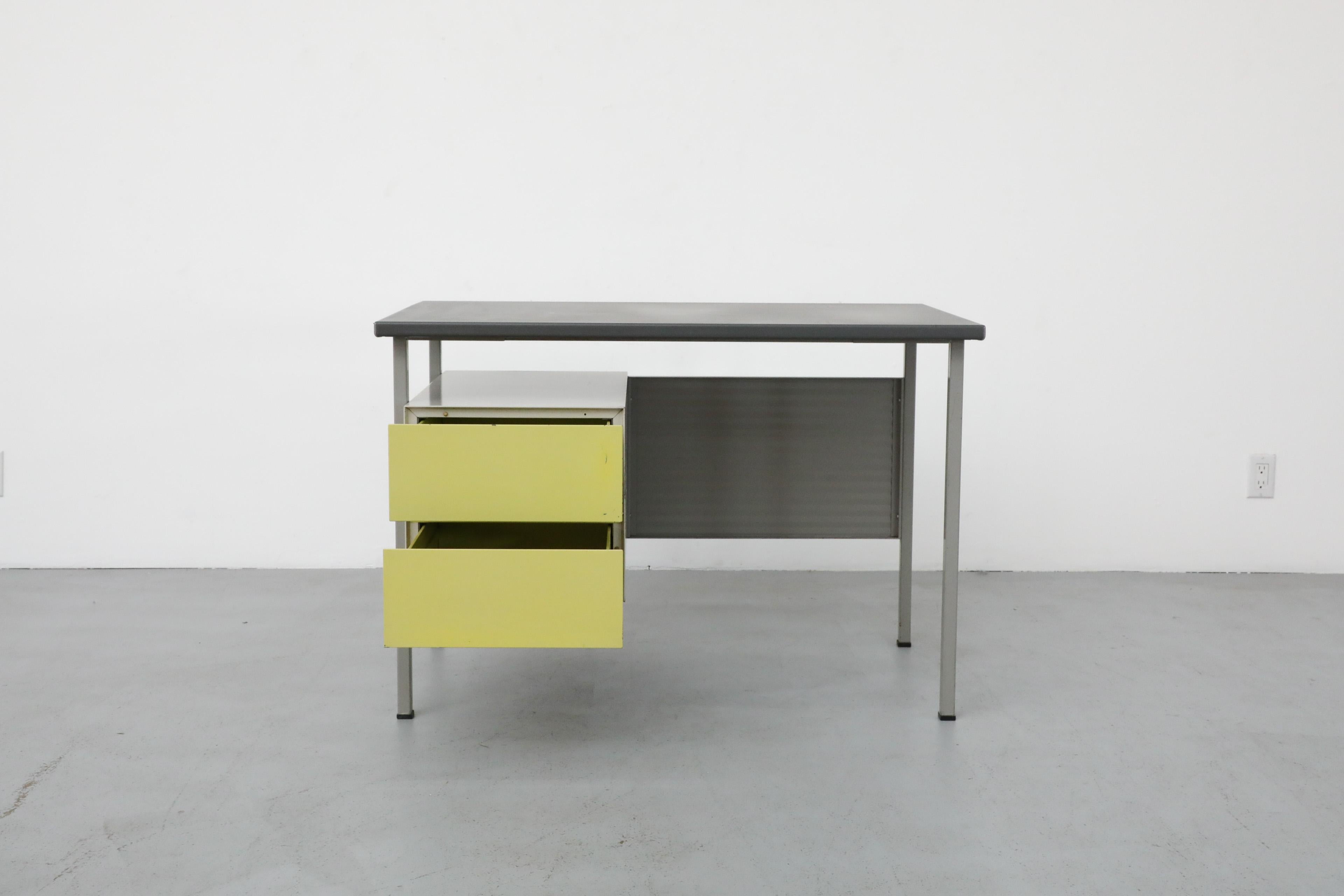 Dutch Gispen Desk with Gray Enameled Metal Frame, Chartreuse Drawers, & Privacy Screen For Sale
