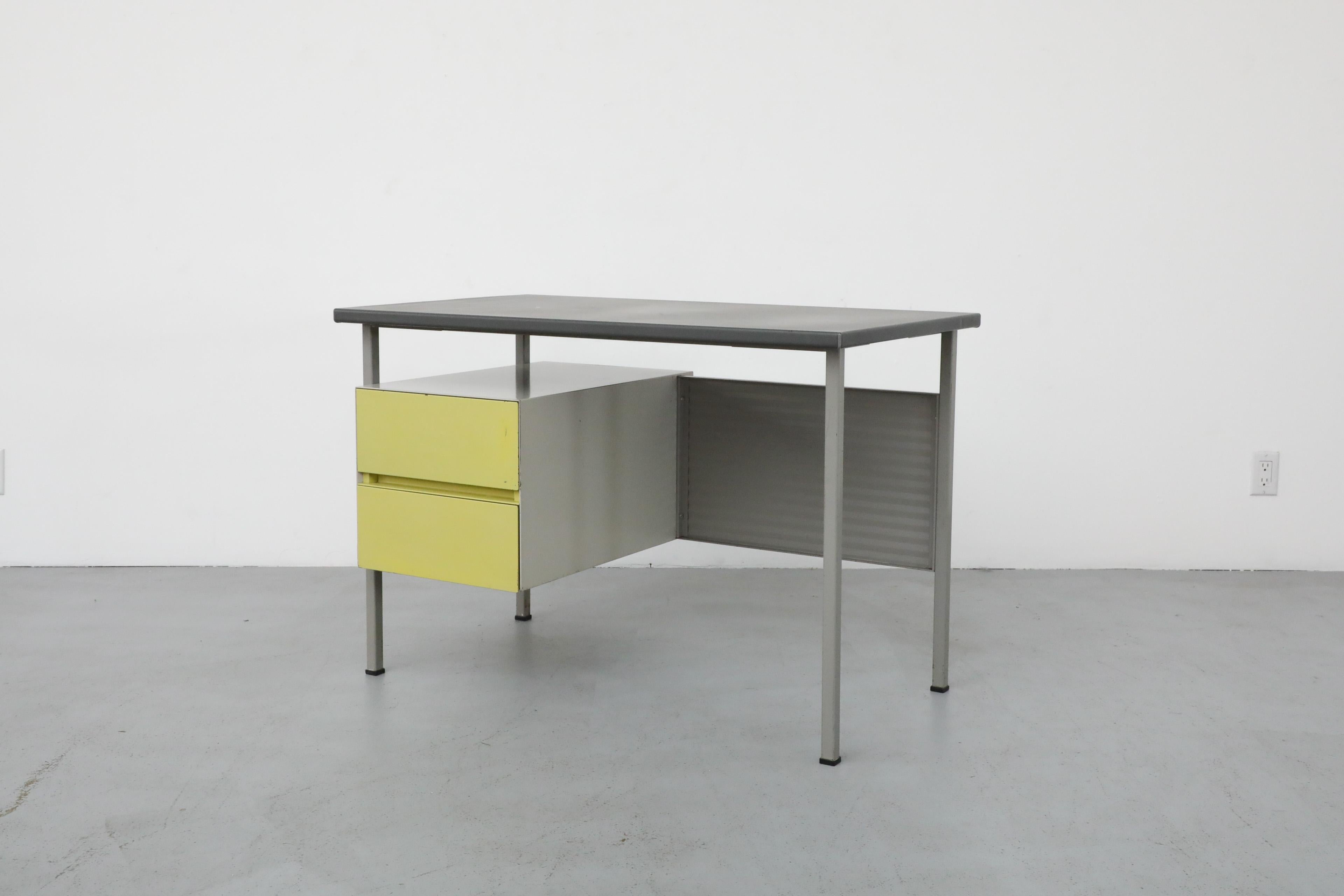 Gispen Desk with Gray Enameled Metal Frame, Chartreuse Drawers, & Privacy Screen In Good Condition For Sale In Los Angeles, CA