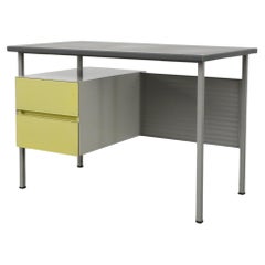 Retro Gispen Desk with Gray Enameled Metal Frame, Chartreuse Drawers, Privacy Screen