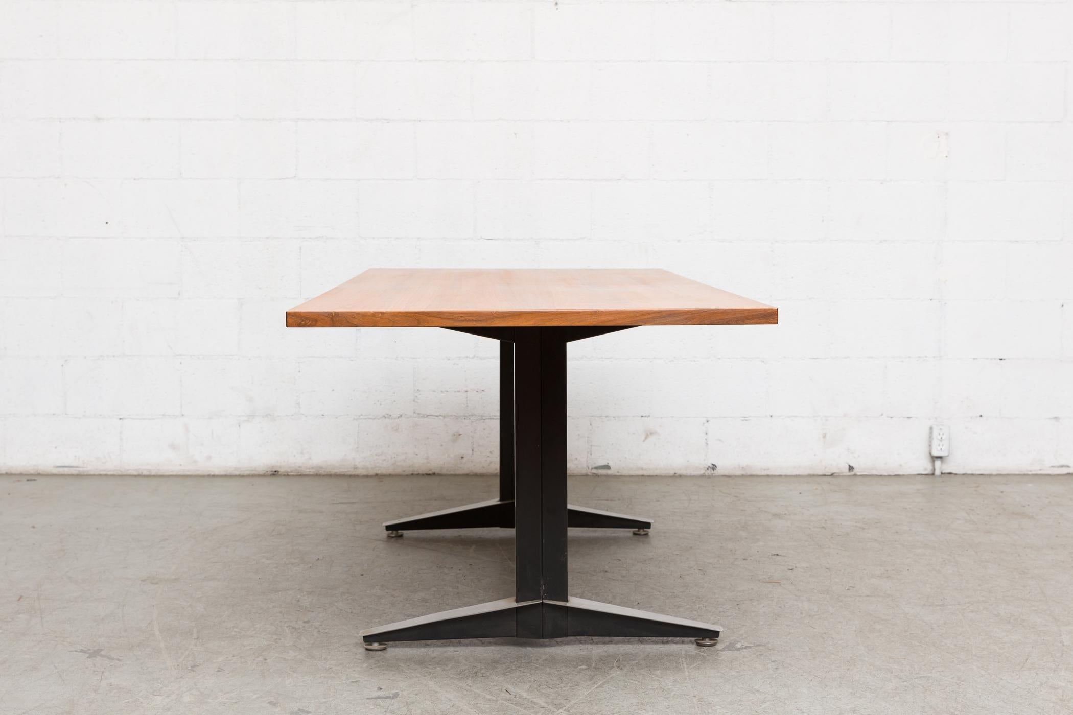 Mid-Century Modern Gispen Dining or Conference Table with Golden Teak Top and Black and Steel Frame For Sale