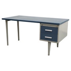 Vintage Gispen Industrial "7804" Desk in Blue & Gray with Two Drawers & Slide Out Shelf
