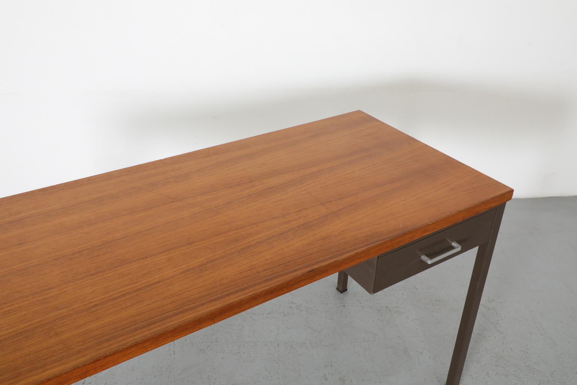 Gispen Industrial Chocolate Enameled Metal Desk with Teak Top and Single Drawer 5