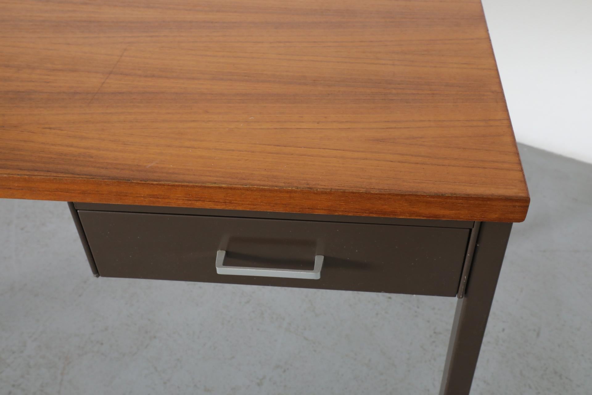 Gispen Industrial Chocolate Enameled Metal Desk with Teak Top and Single Drawer 7