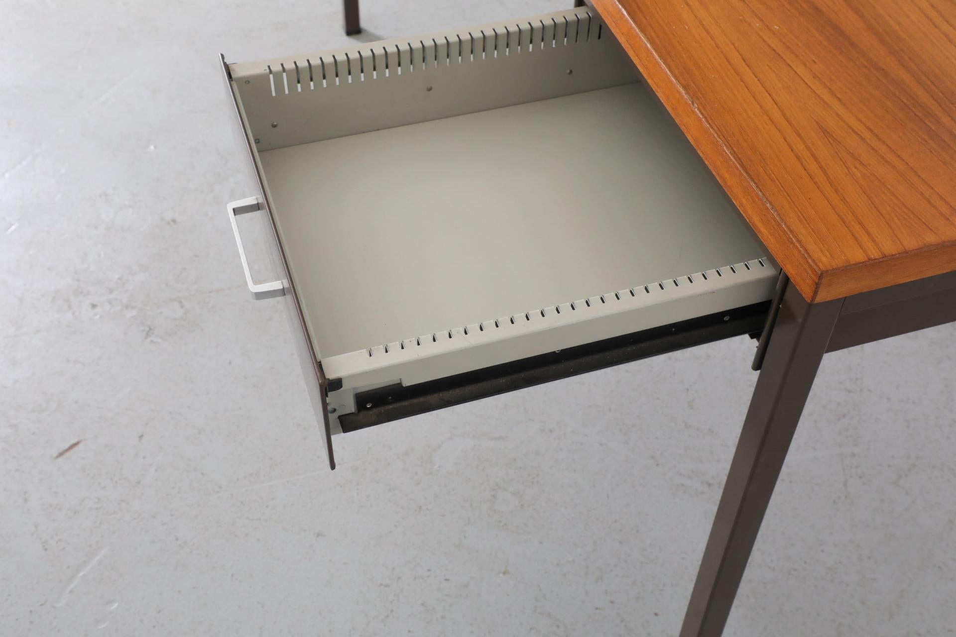 Gispen Industrial Chocolate Enameled Metal Desk with Teak Top and Single Drawer 8