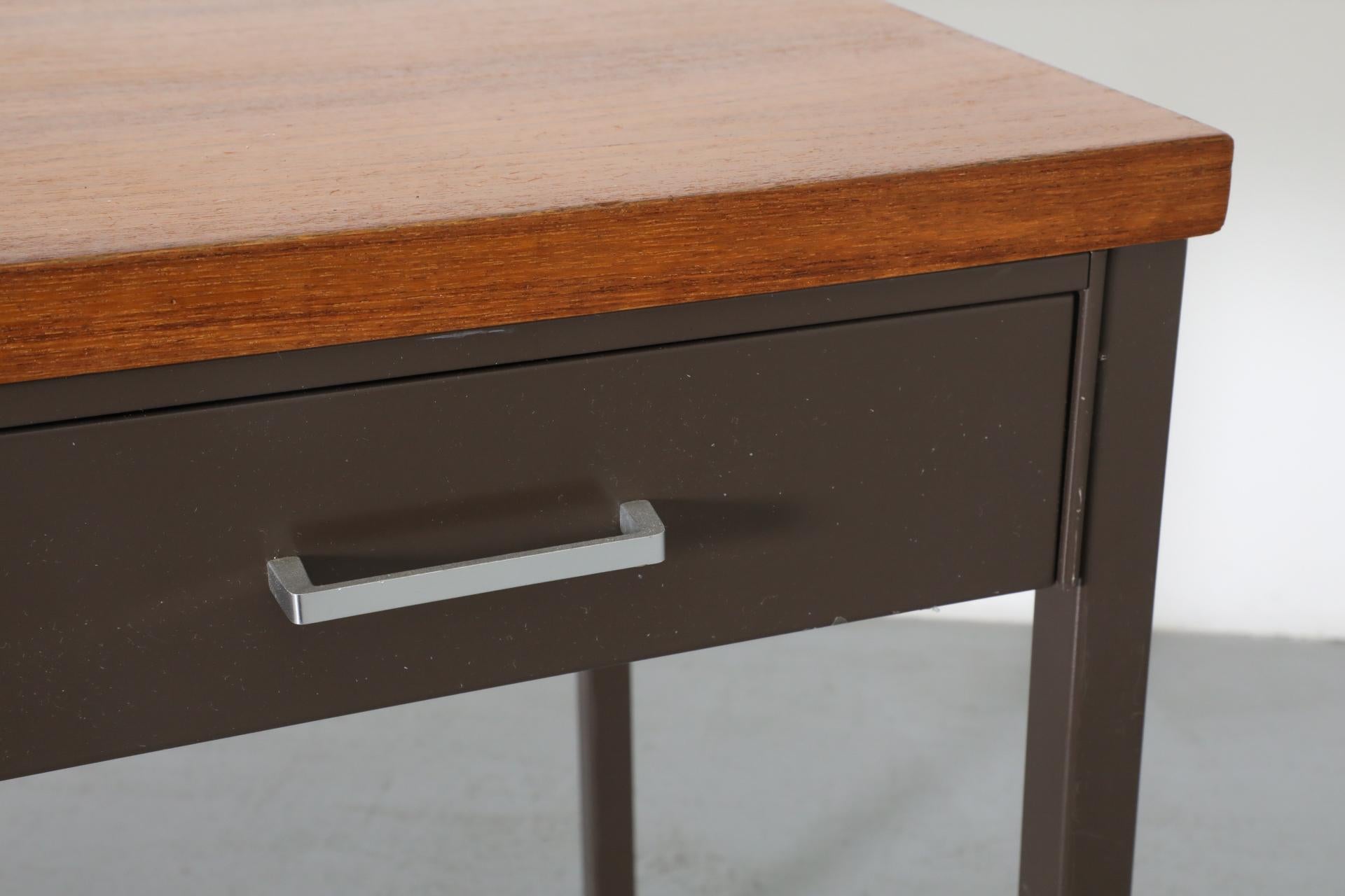 Gispen Industrial Chocolate Enameled Metal Desk with Teak Top and Single Drawer 15