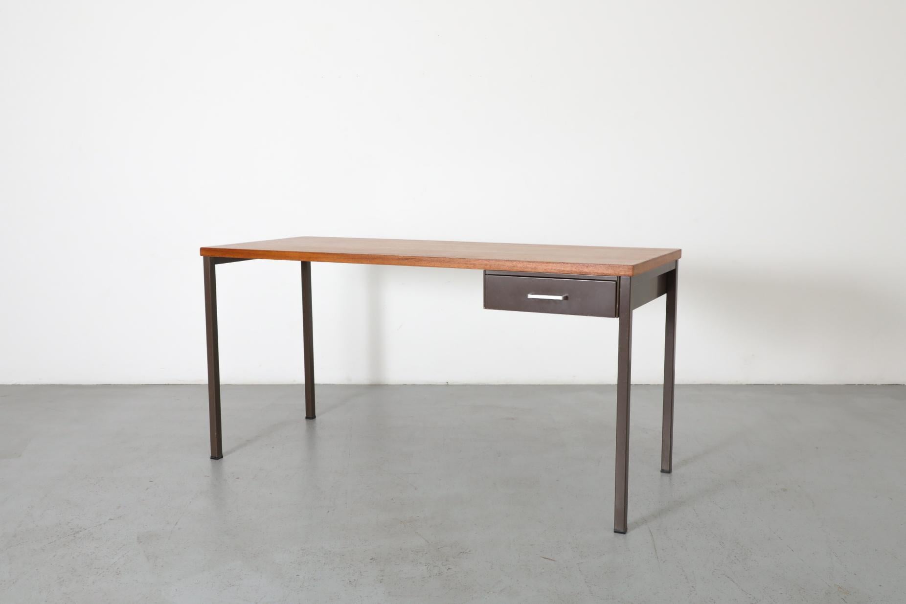 Dutch Gispen Industrial Chocolate Enameled Metal Desk with Teak Top and Single Drawer