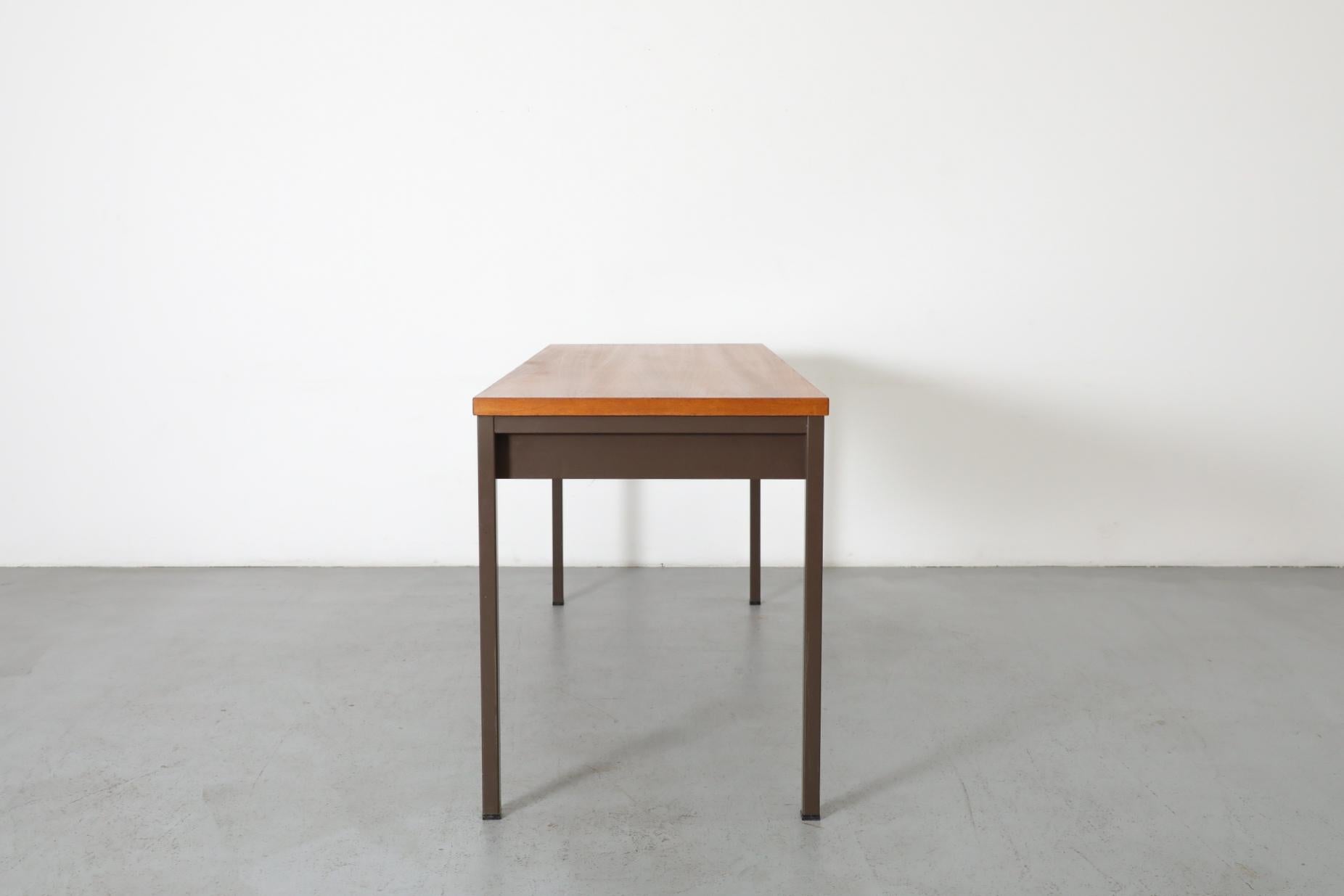 20th Century Gispen Industrial Chocolate Enameled Metal Desk with Teak Top and Single Drawer