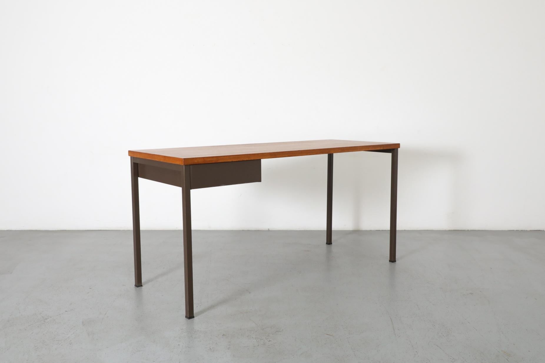Gispen Industrial Chocolate Enameled Metal Desk with Teak Top and Single Drawer 1