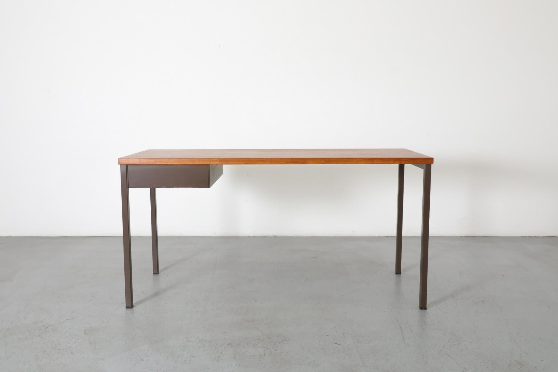 Gispen Industrial Chocolate Enameled Metal Desk with Teak Top and Single Drawer 2