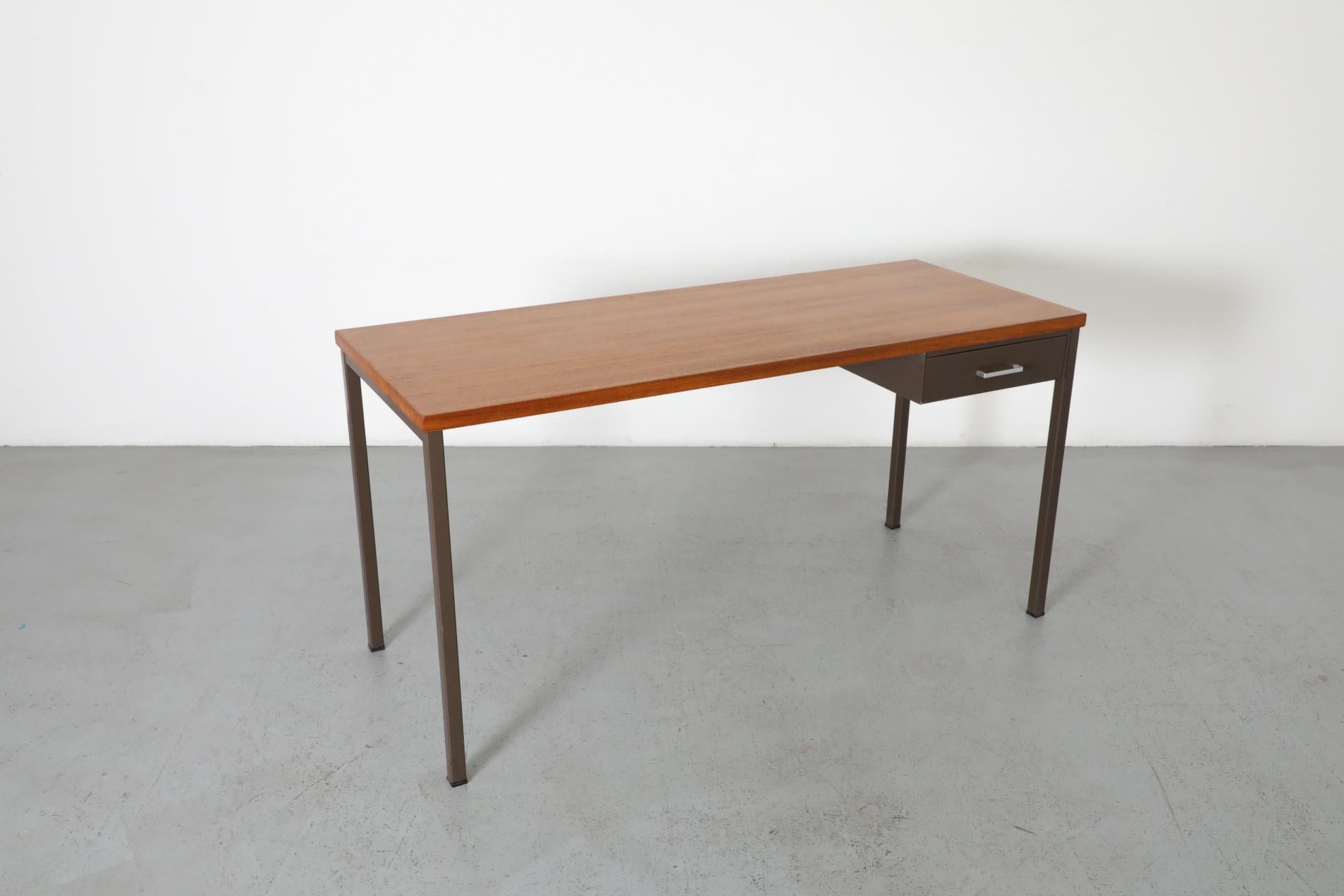 Gispen Industrial Chocolate Enameled Metal Desk with Teak Top and Single Drawer 3