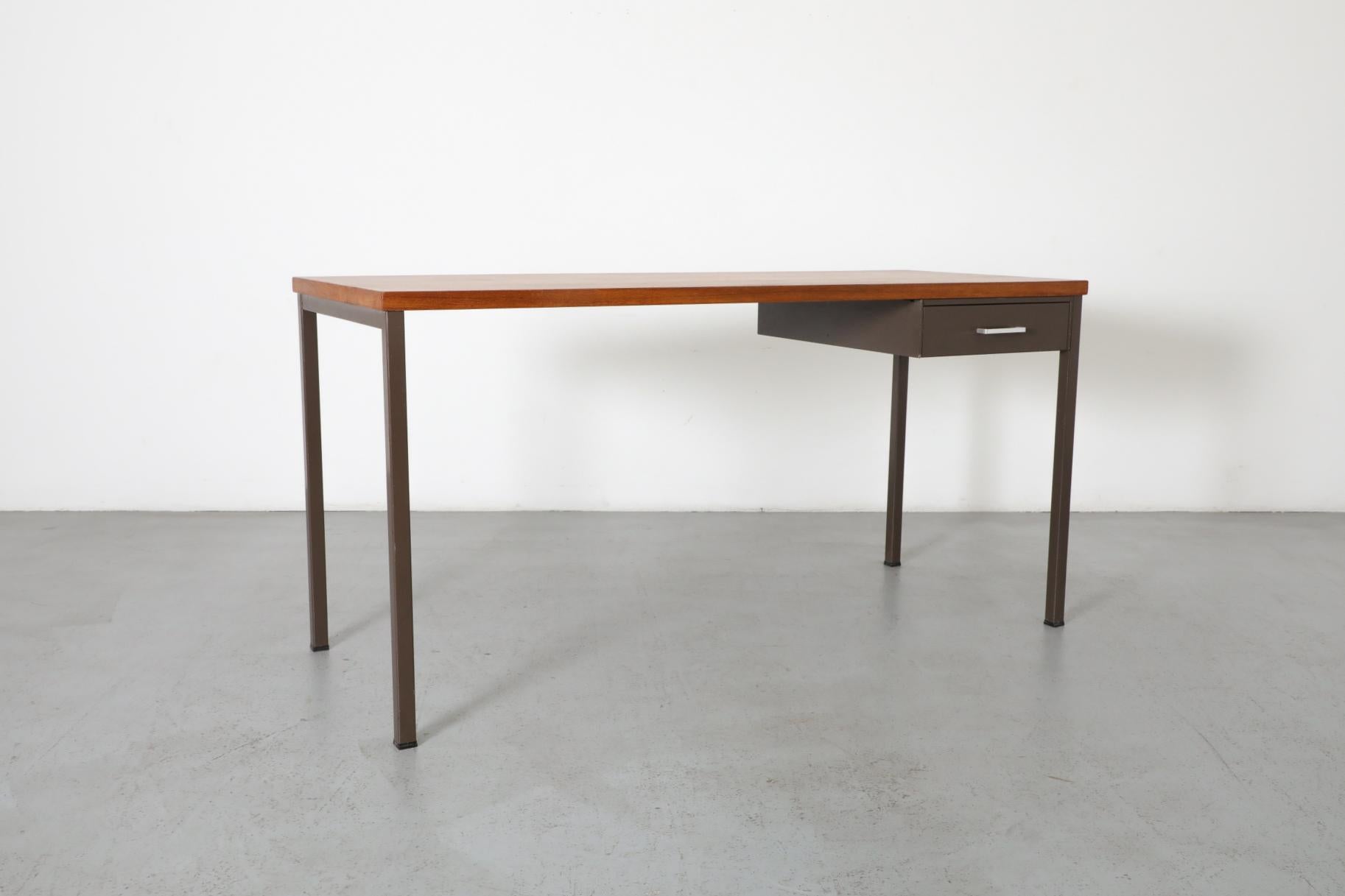 Gispen Industrial Chocolate Enameled Metal Desk with Teak Top and Single Drawer 4