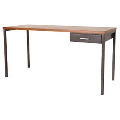 Vintage Gispen Industrial Chocolate Enameled Metal Desk with Teak Top and Single Drawer