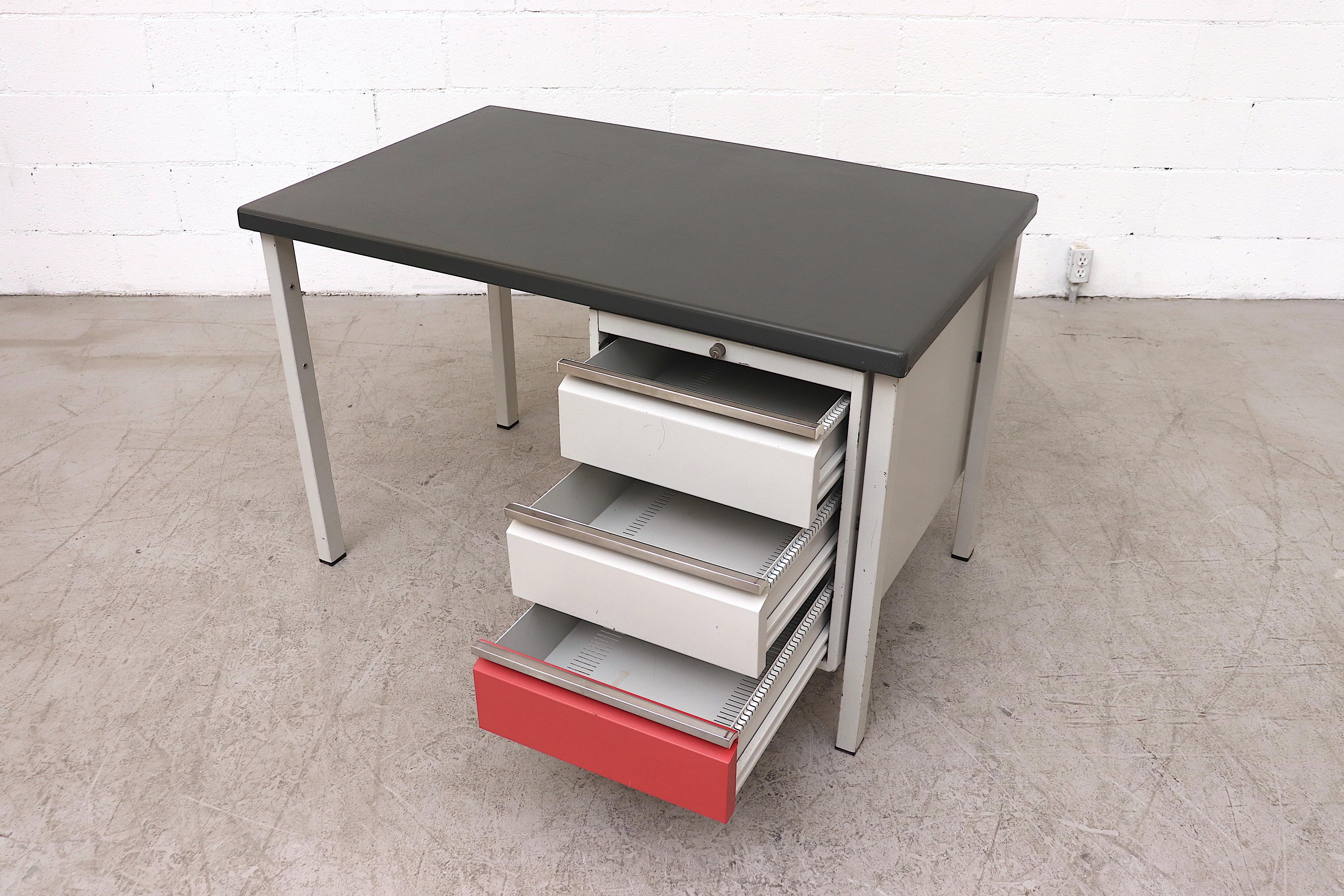 Mid-Century Modern Gispen Industrial Desk with Red and White Drawers