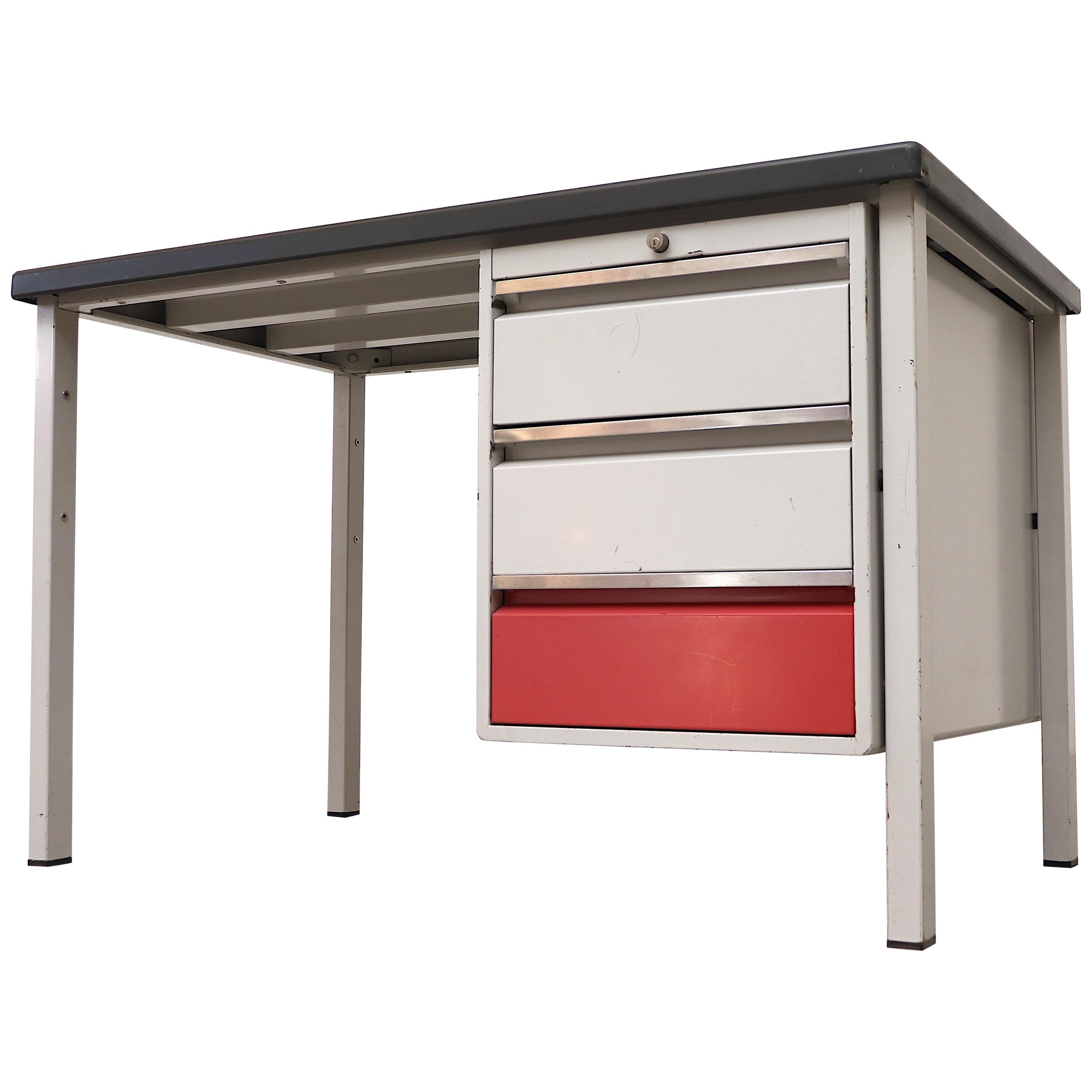 Gispen Industrial Desk with Red and White Drawers