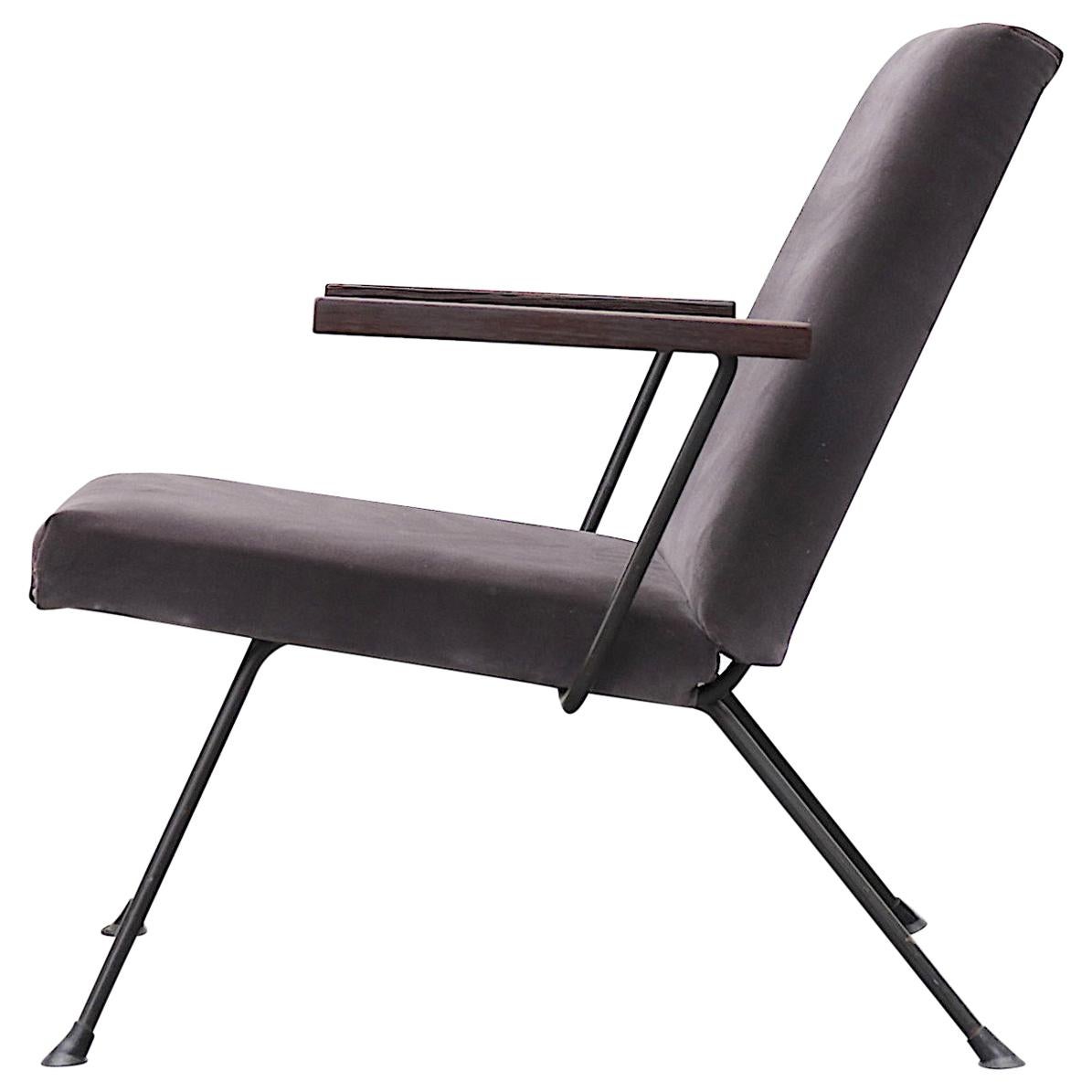 Gispen Kembo Lounge Chair upholstered in Dark Grey Velvet, with Original Black Metal Frame, and Lightly Refinished Wenge Arms. Original Condition with Signs of Wear Consistent with its Age and Use. Other Kembo Lounge Chairs Available, Listed