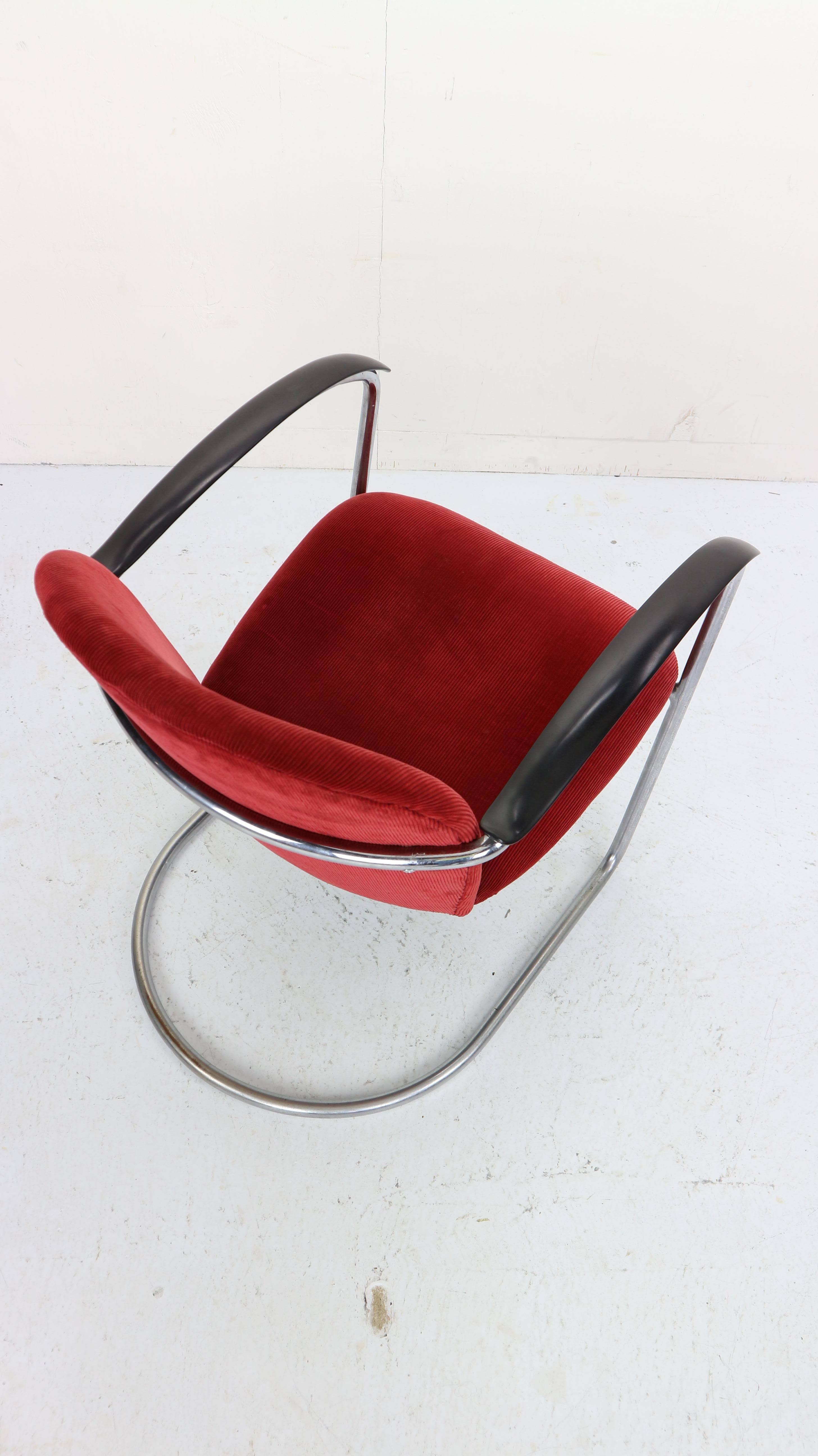 Gispen M-414 Chrome & Red Rib Fabric Easy Lounge, Armchair by W.H. Gispen, 1935 4