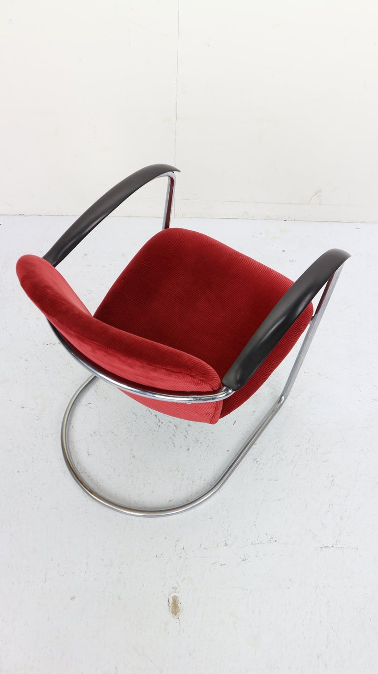 Gispen M-414 Chrome & Red Rib Fabric Easy Lounge, Armchair by W.H. Gispen, 1935 For Sale 4