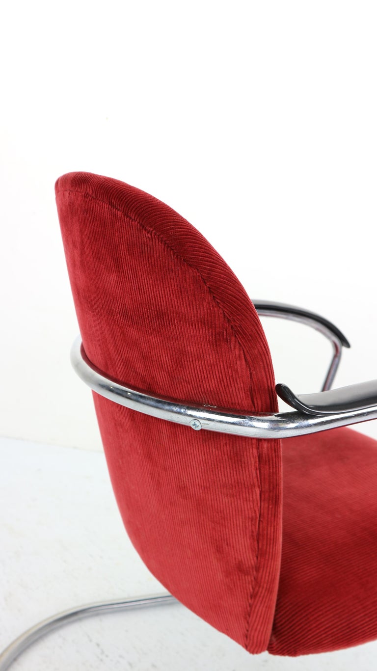Gispen M-414 Chrome & Red Rib Fabric Easy Lounge, Armchair by W.H. Gispen, 1935 For Sale 6