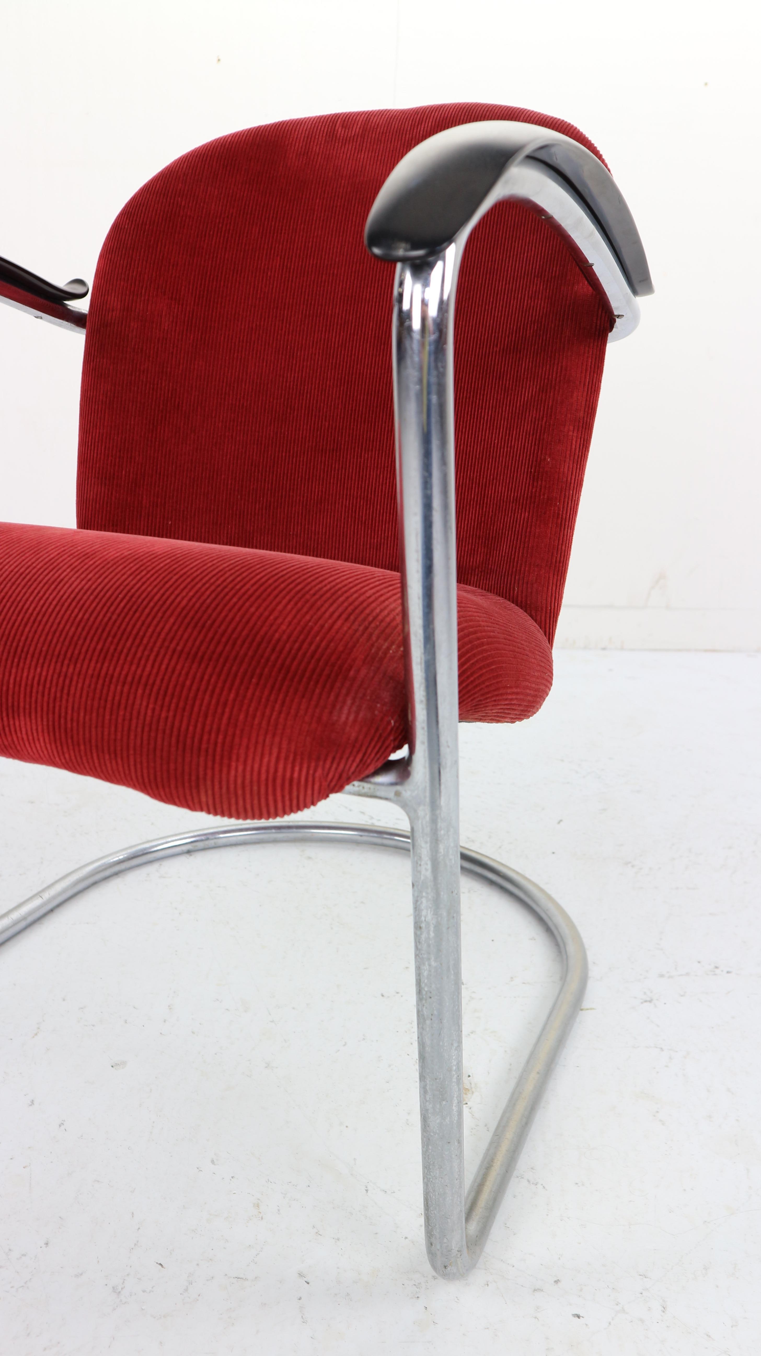 Gispen M-414 Chrome & Red Rib Fabric Easy Lounge, Armchair by W.H. Gispen, 1935 9