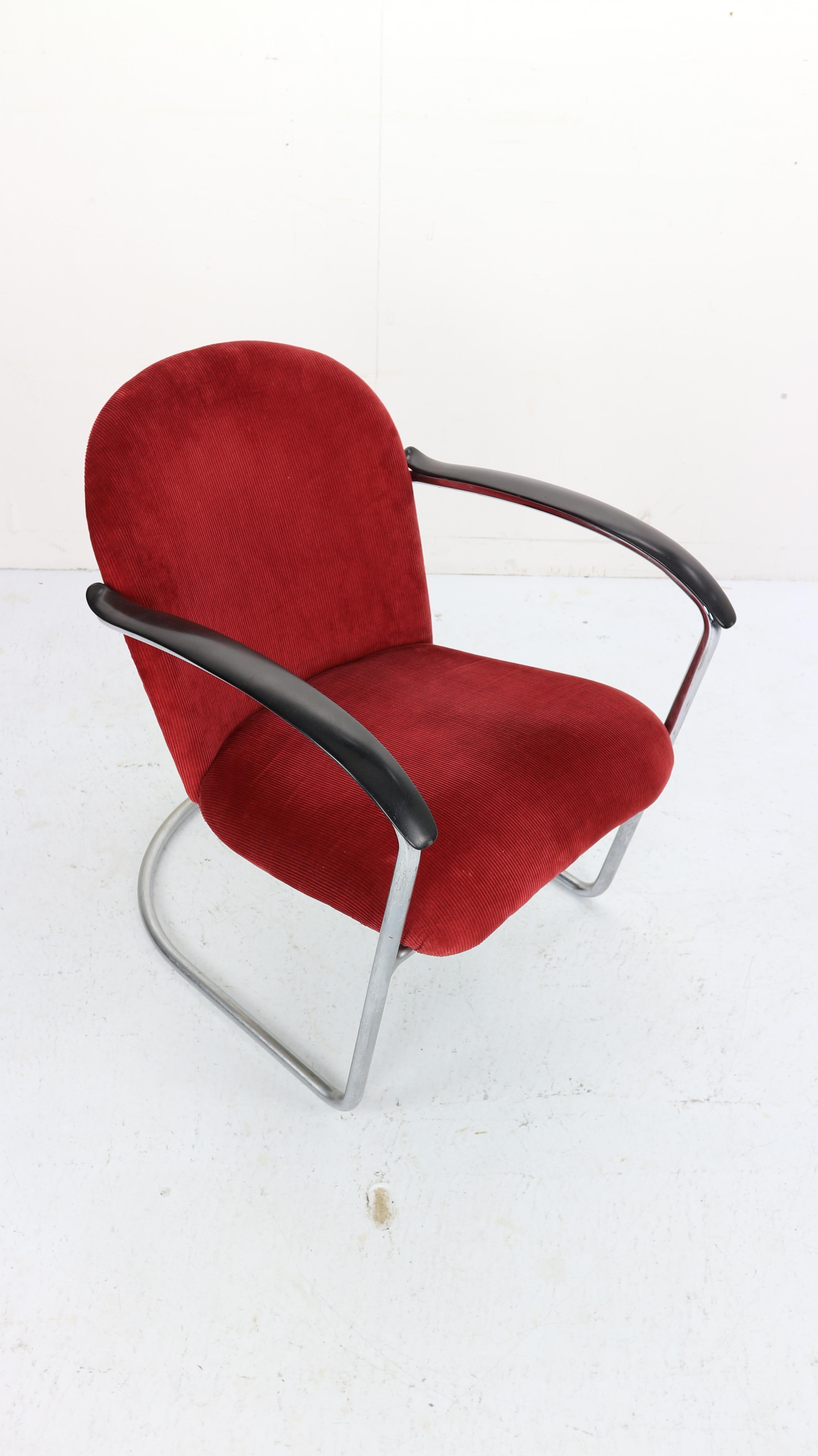 Mid-Century Modern Gispen M-414 Chrome & Red Rib Fabric Easy Lounge, Armchair by W.H. Gispen, 1935