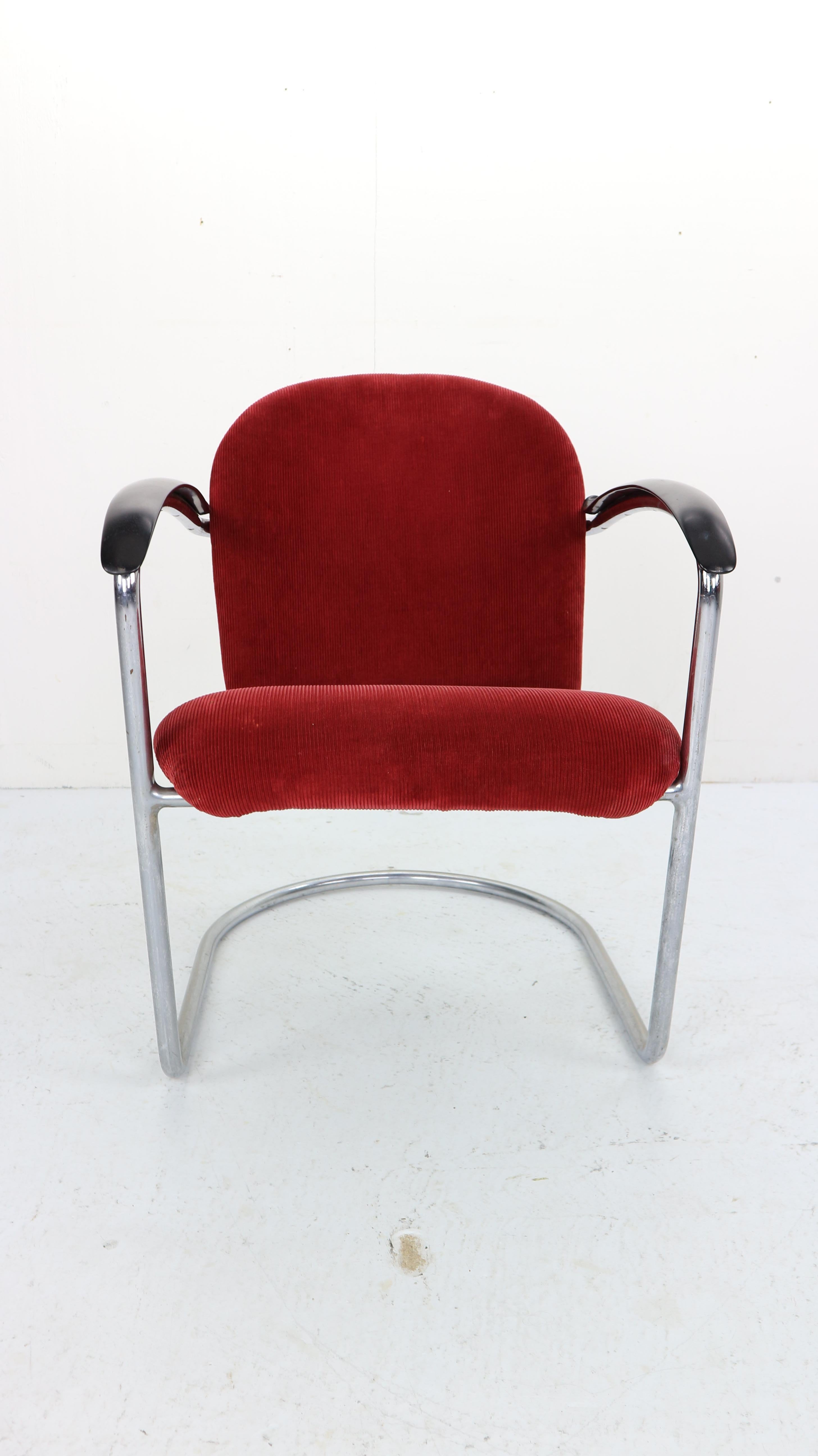 Dutch Gispen M-414 Chrome & Red Rib Fabric Easy Lounge, Armchair by W.H. Gispen, 1935