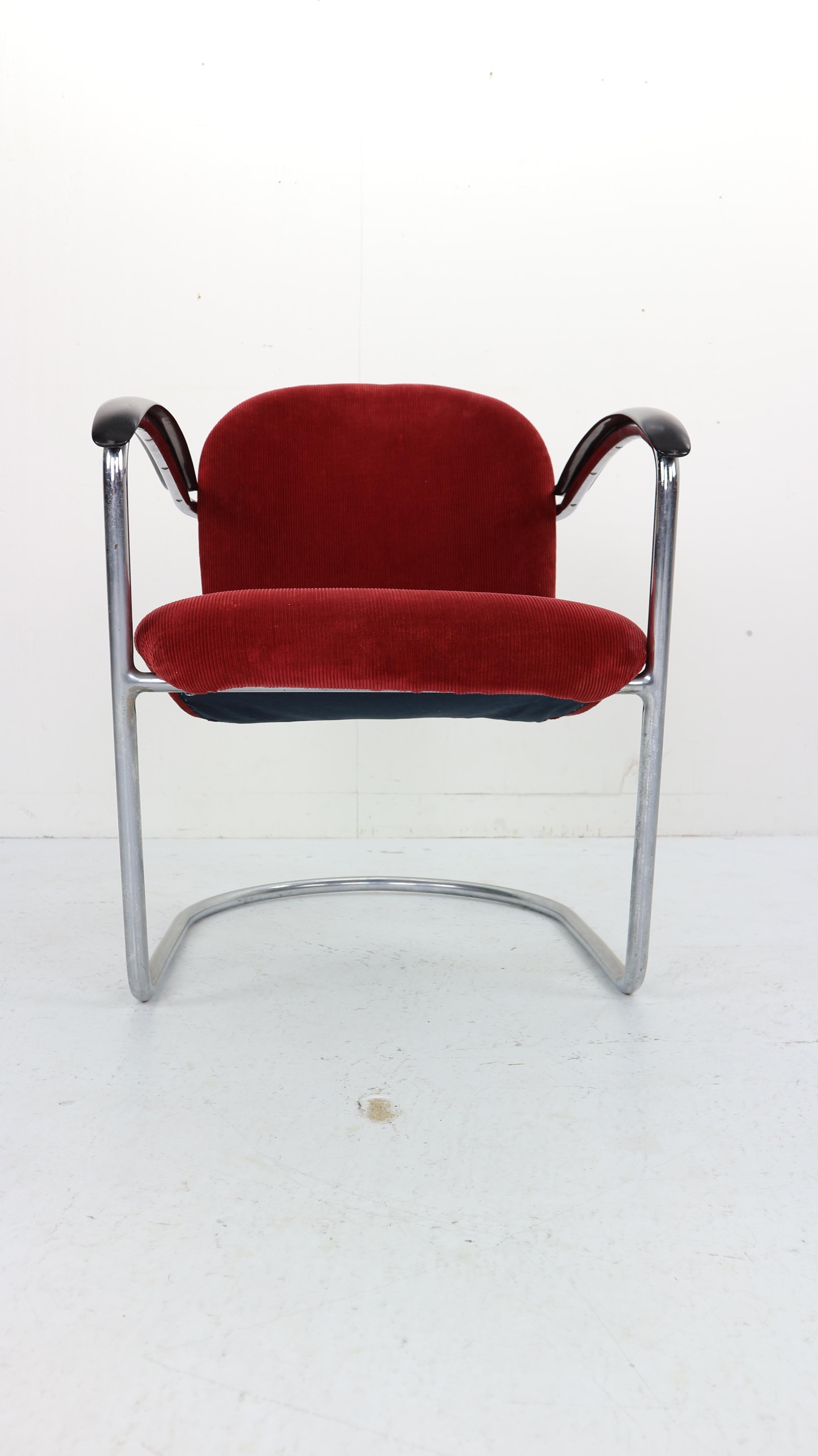 Gispen M-414 Chrome & Red Rib Fabric Easy Lounge, Armchair by W.H. Gispen, 1935 In Good Condition In The Hague, NL