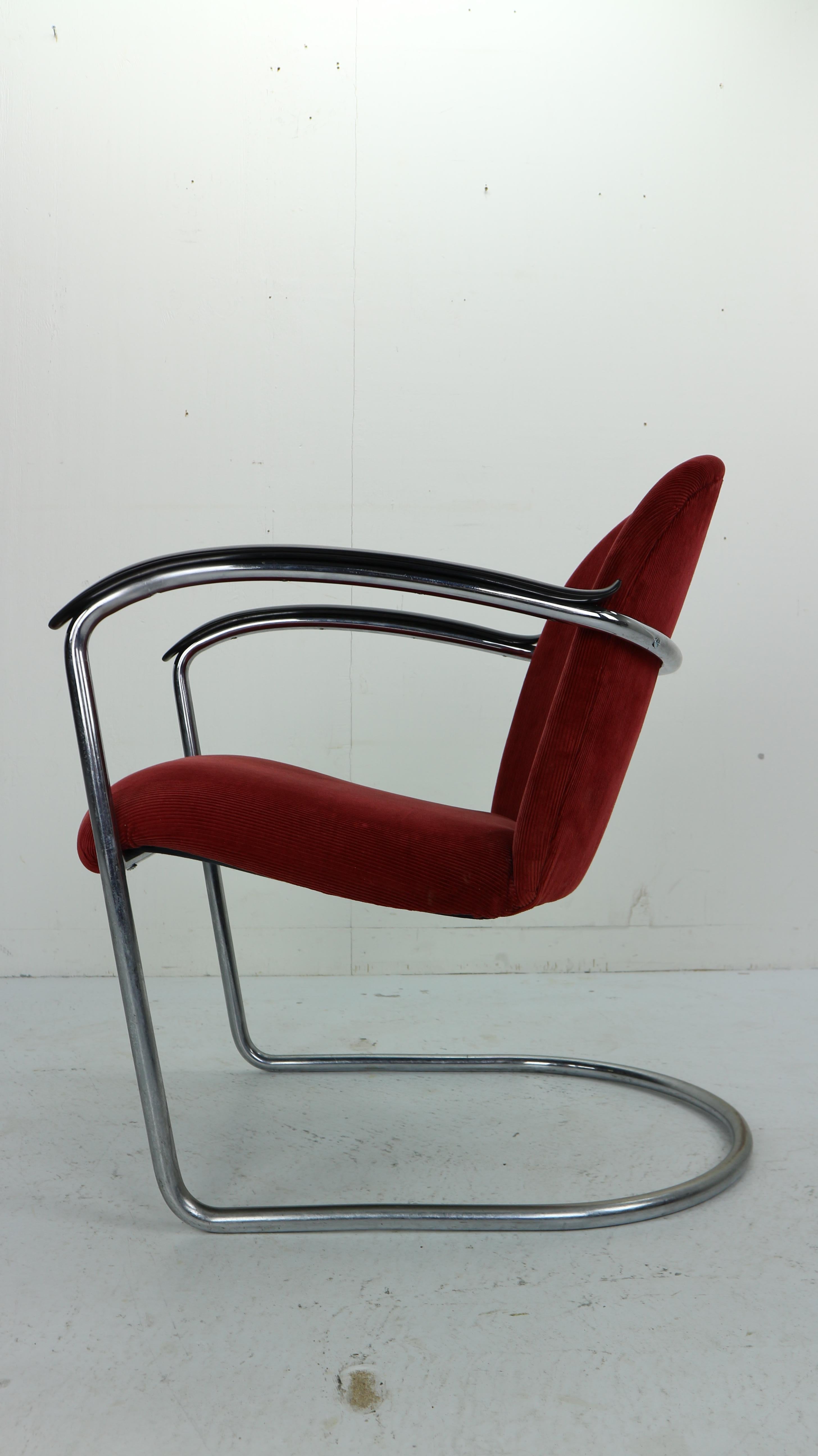 Gispen M-414 Chrome & Red Rib Fabric Easy Lounge, Armchair by W.H. Gispen, 1935 1
