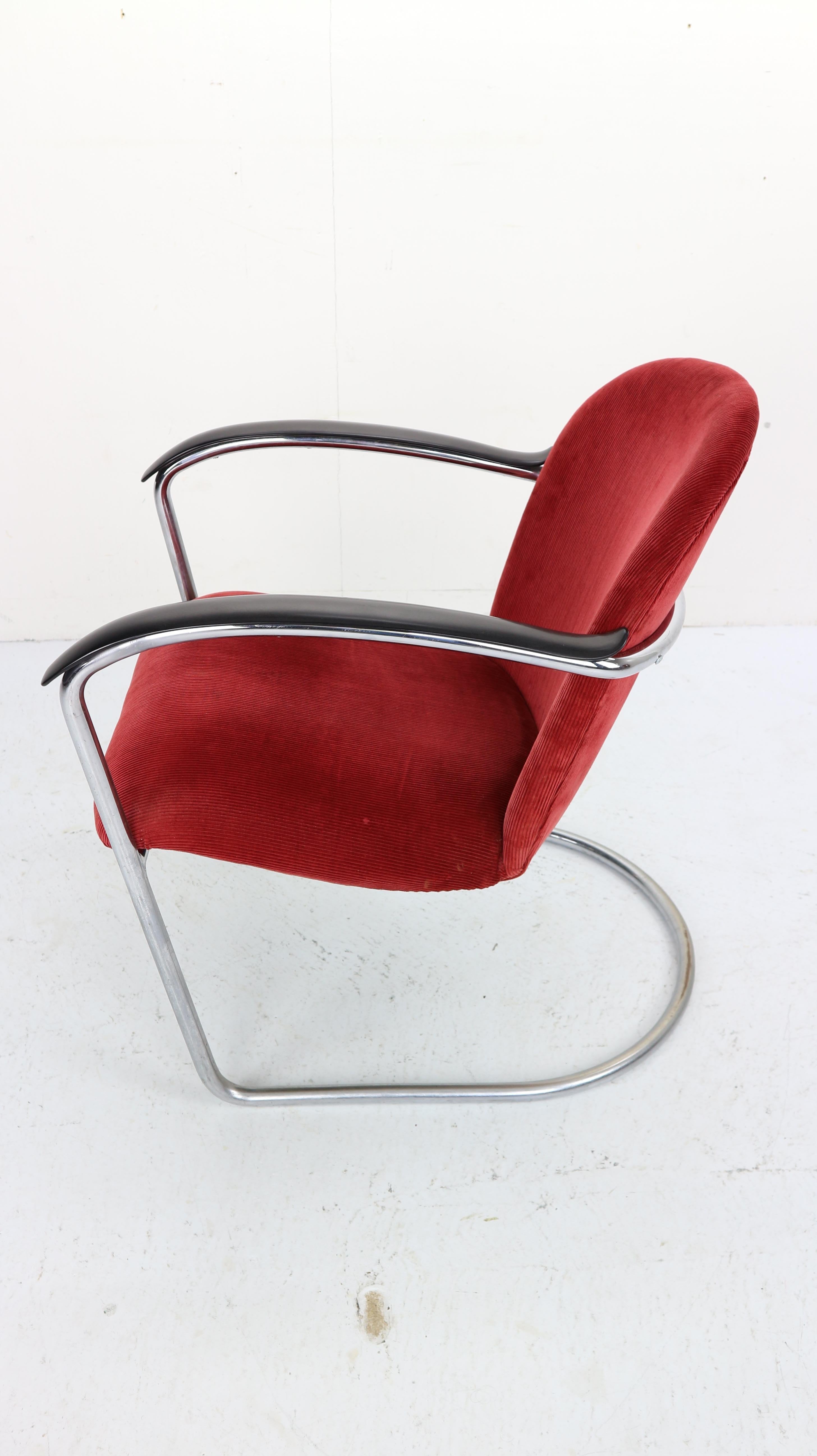 Gispen M-414 Chrome & Red Rib Fabric Easy Lounge, Armchair by W.H. Gispen, 1935 2