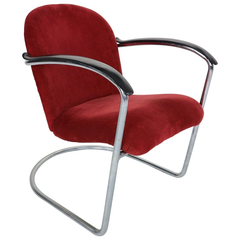 Gispen M-414 Chrome & Red Rib Fabric Easy Lounge, Armchair by W.H. Gispen, 1935 For Sale