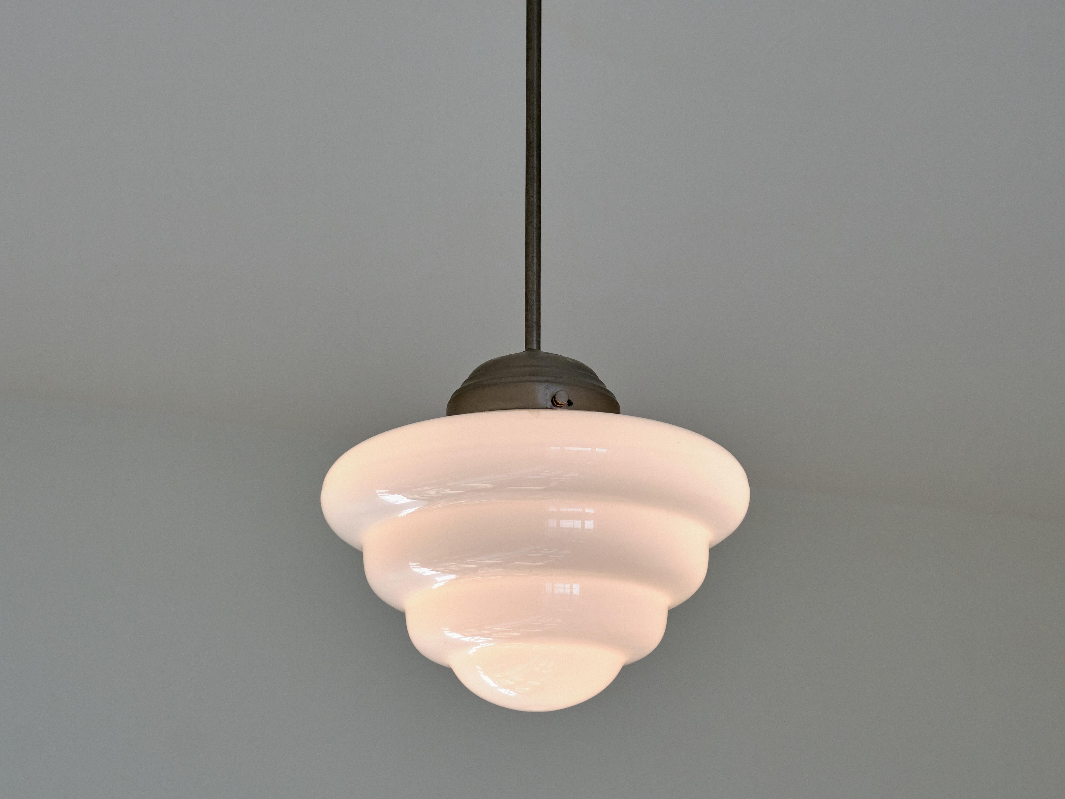 Gispen 'Michelin' Tiered Pendant Light with Opal Glass Shade, Netherlands, 1930s In Good Condition In The Hague, NL