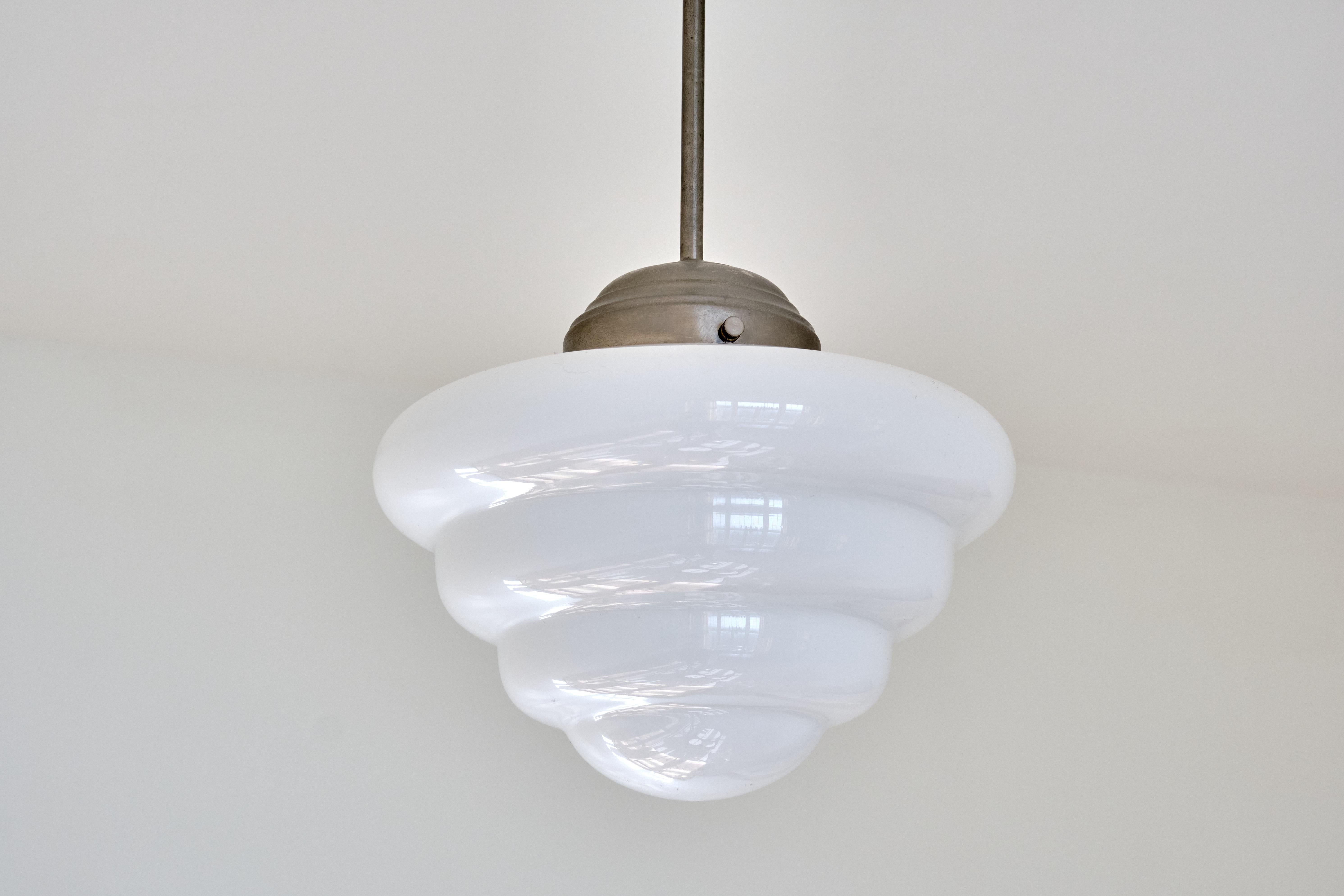 Opaline Glass Gispen 'Michelin' Tiered Pendant Light with Opal Glass Shade, Netherlands, 1930s