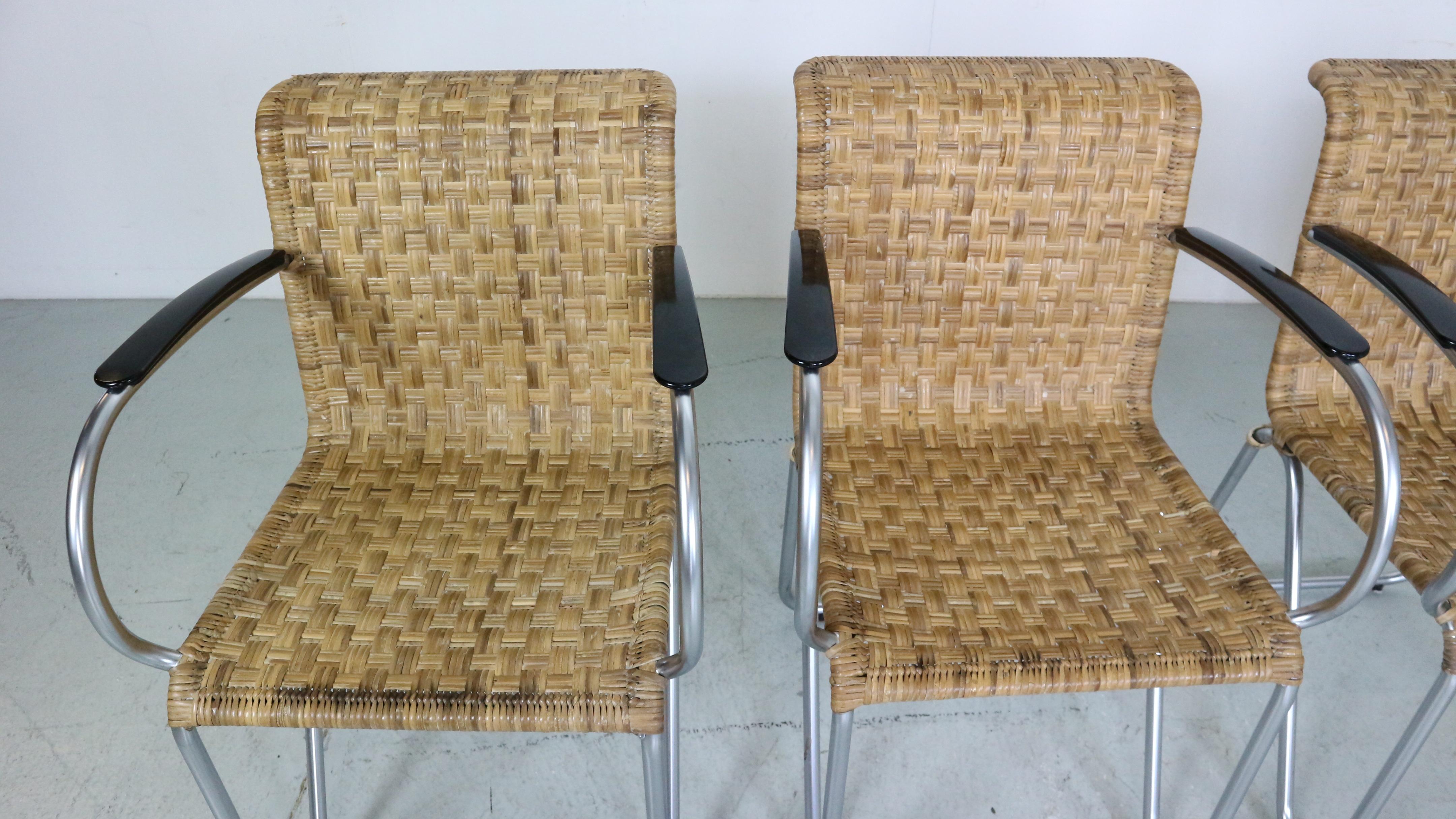 Gispen Set Of 4 Diagonal Wicker& Tube Frame Armchairs, 1930's Dutch Design For Sale 1