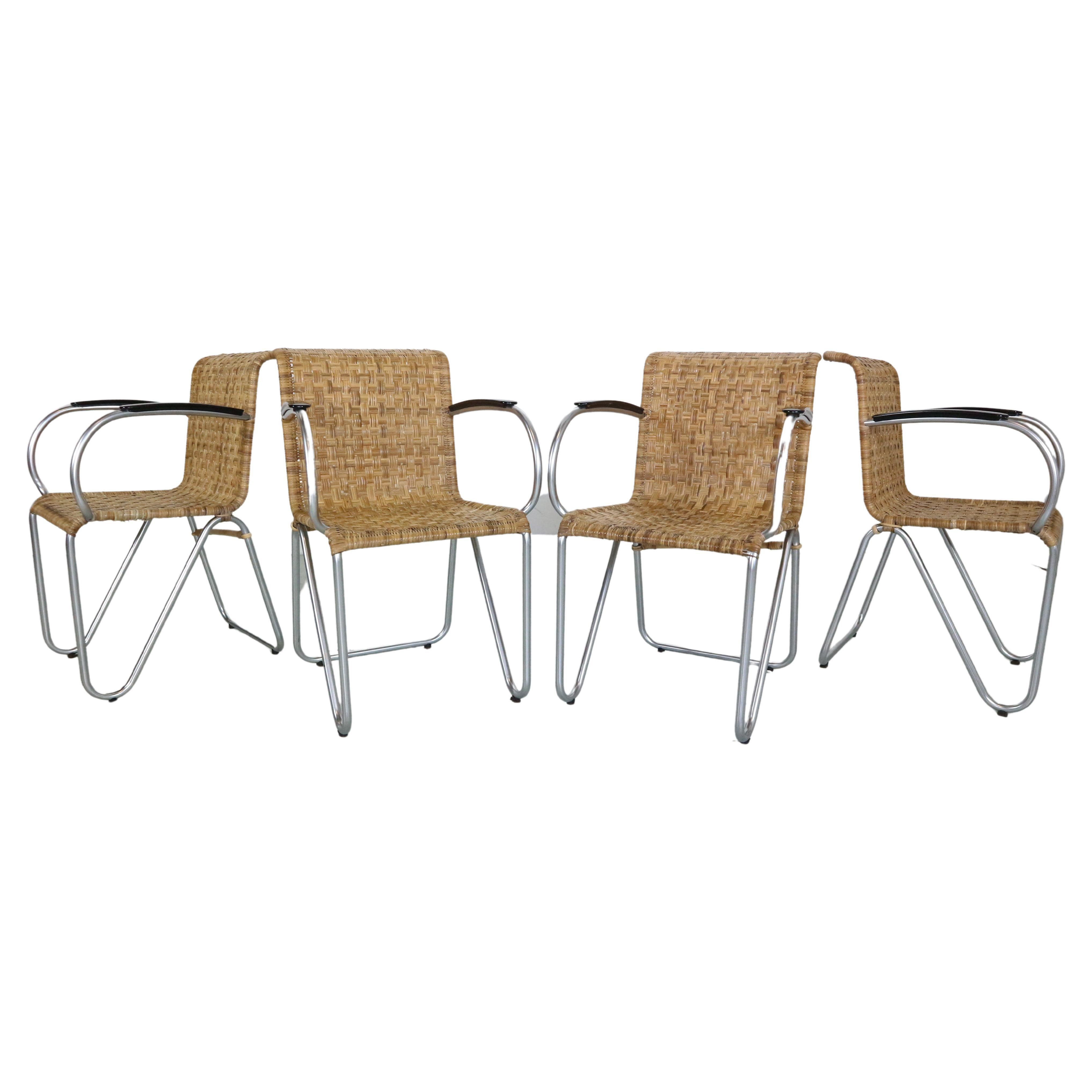 Gispen Set Of 4 Diagonal Wicker& Tube Frame Armchairs, 1930's Dutch Design