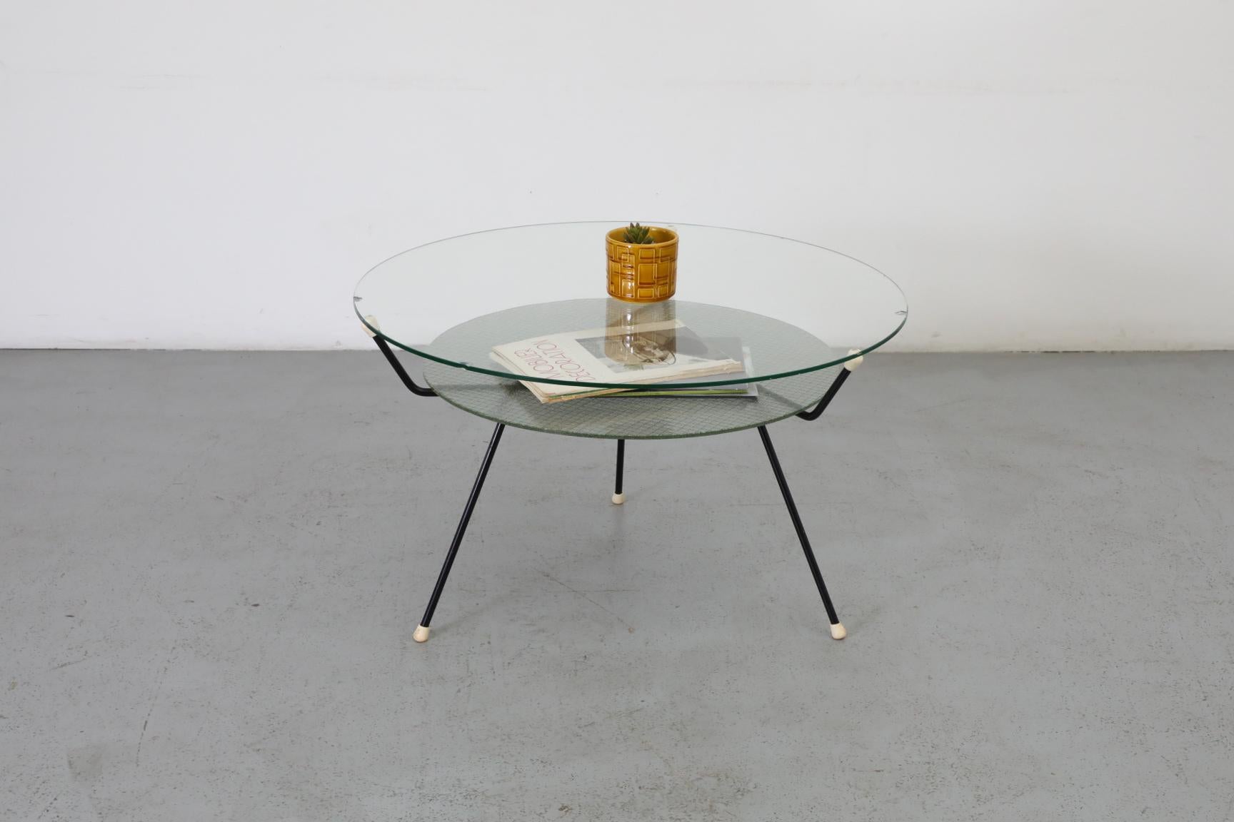 Mid-Century Modern Gispen Side Table with Black Enameled Wire Frame, Lower Shelf, and Glass Top For Sale