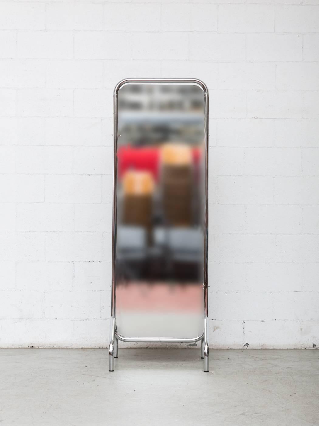 Vintage Gispen tall standing midcentury chrome mirror designed. Thick original tubular chrome frame with original mirror. A fave of ours!