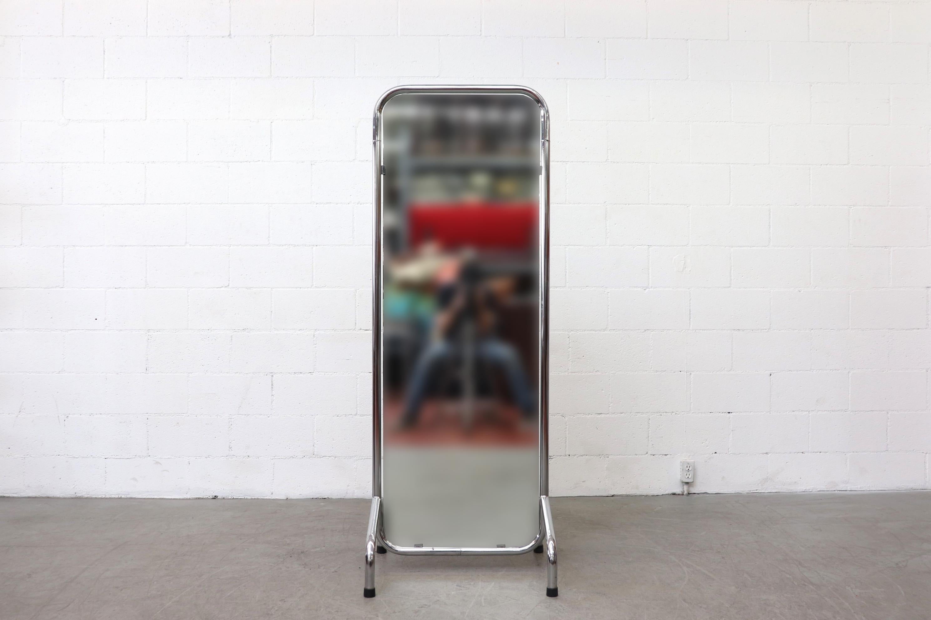 Rare Gispen standing full length mirror with original tubular chrome frame, with wear consistent with its age and usage. New mirror. Other similar ones available. Listed separately.