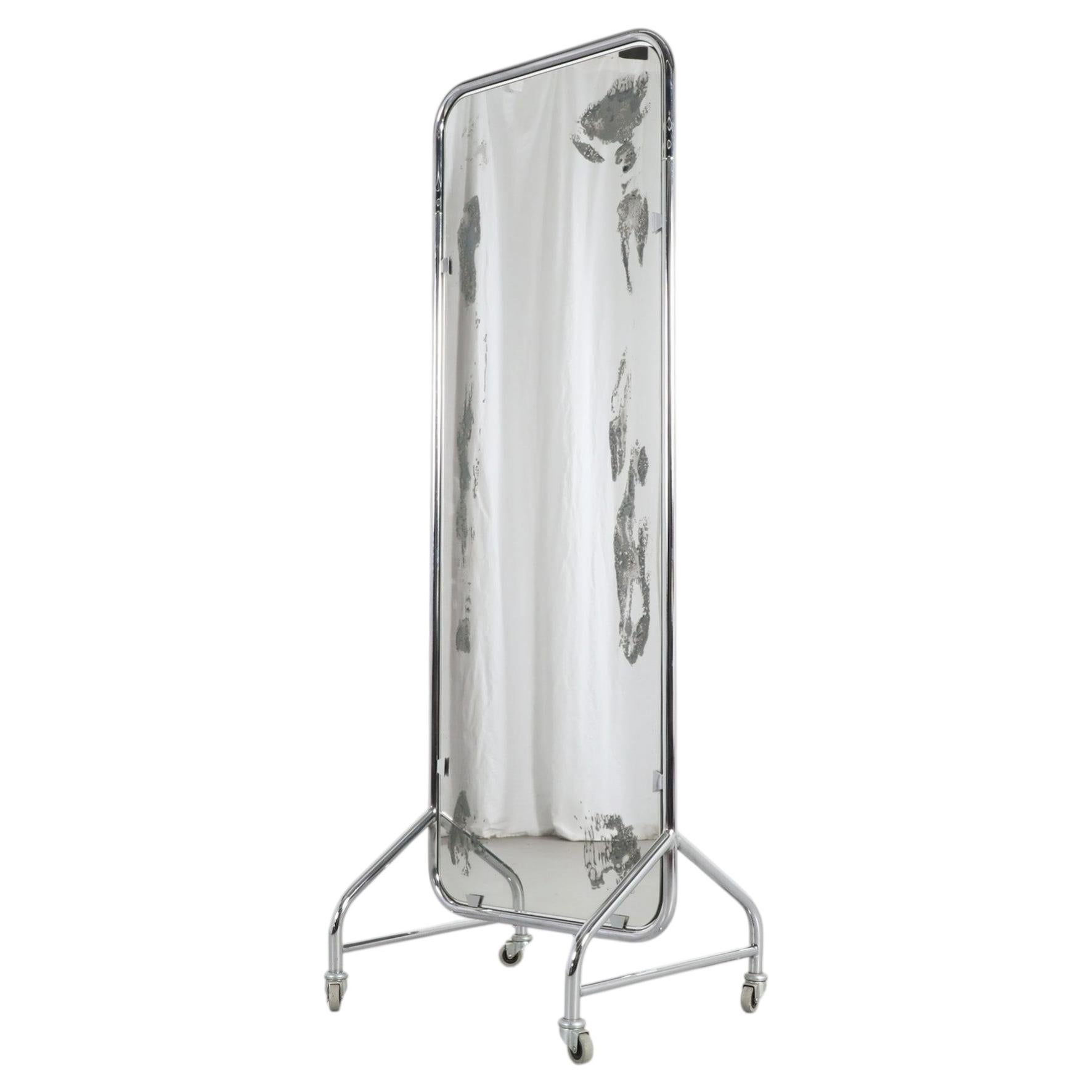 Gispen Style Rolling Chrome Floor Mirror, Netherlands, circa 1950