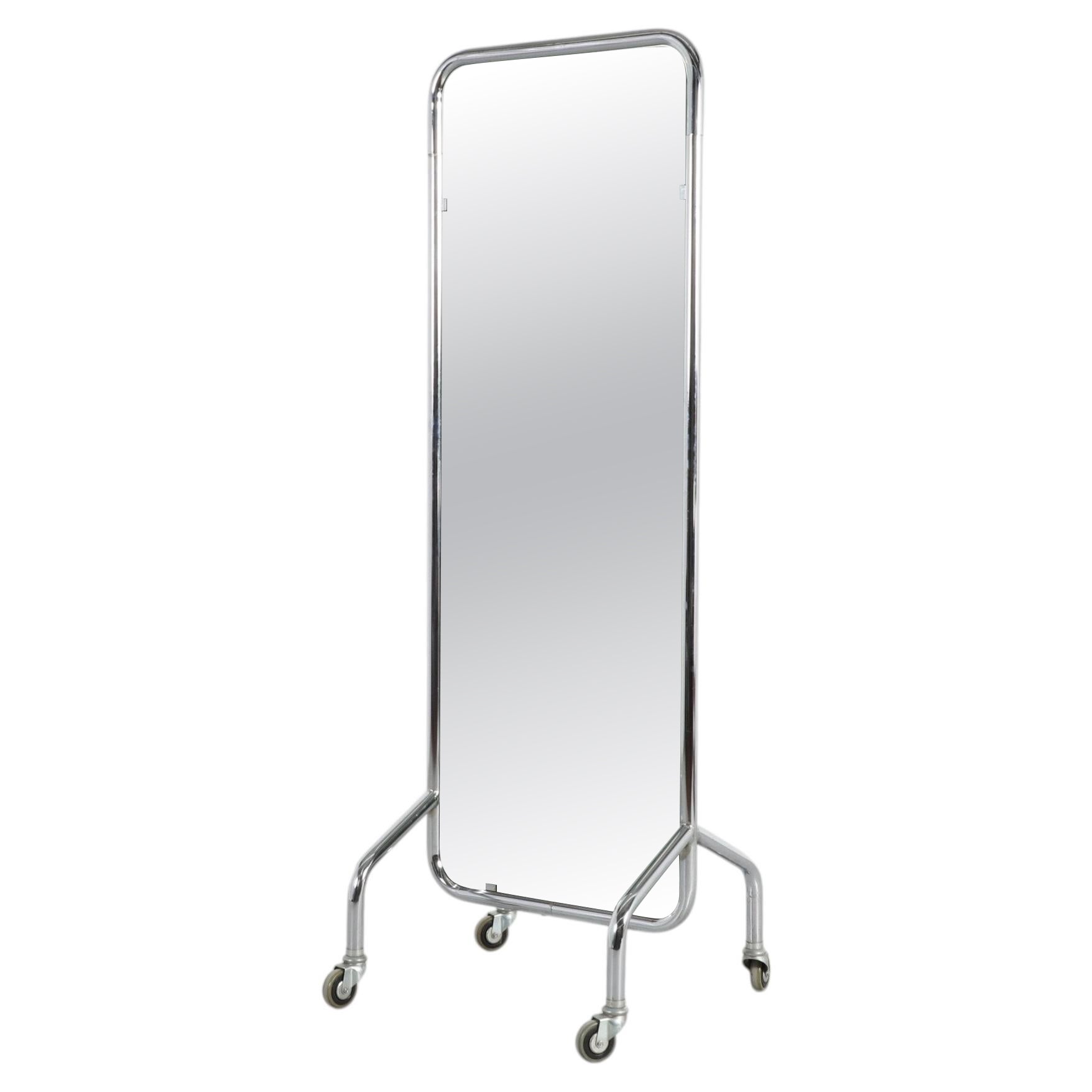 Gispen Style Tubular Chrome Full-Length Rolling Mirror, Netherlands For Sale